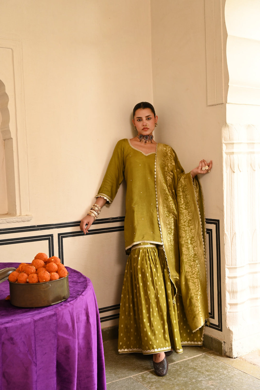 Olive Green Dola Silk Gharara Suit Set