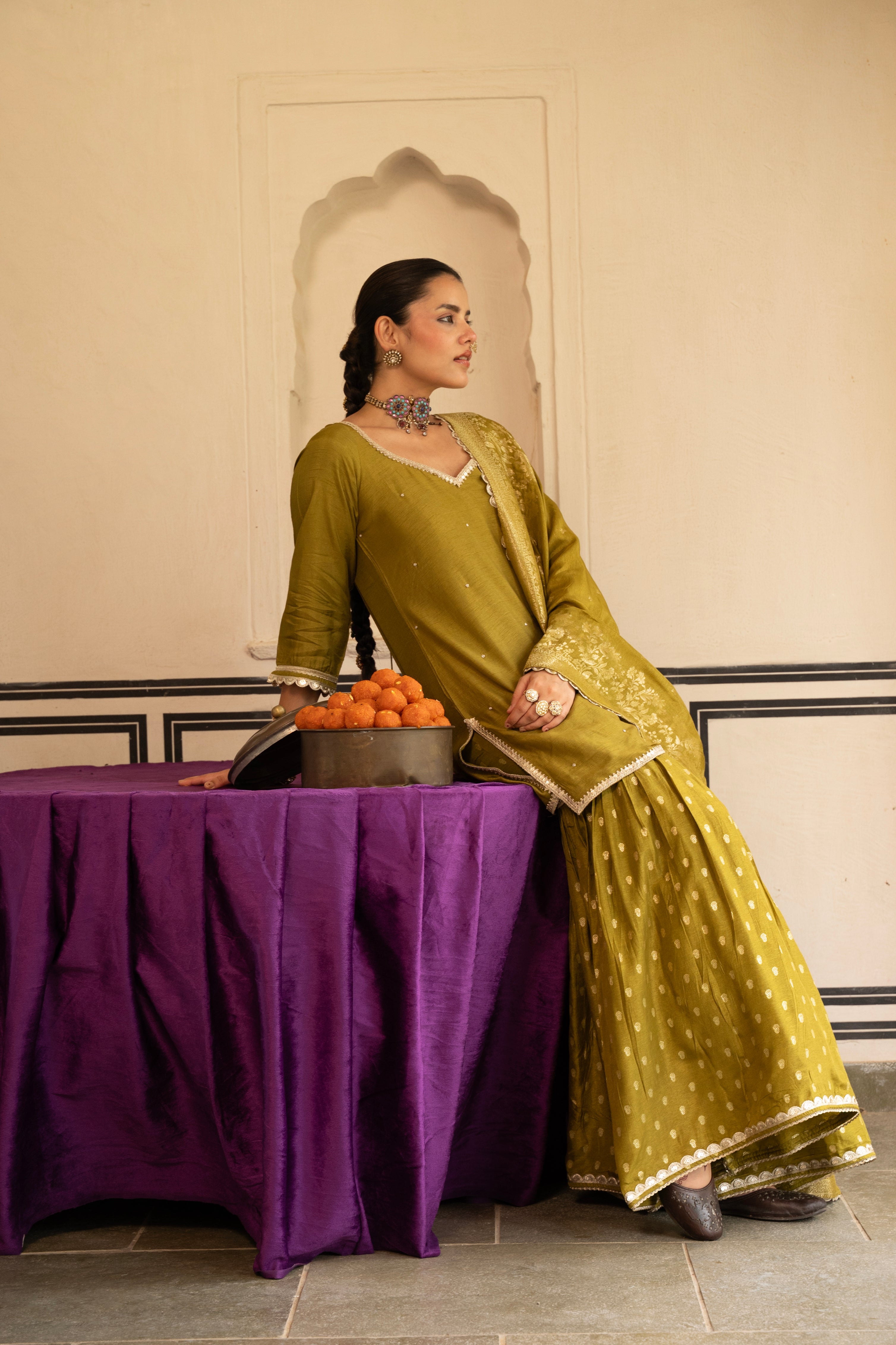 Olive Green Dola Silk Gharara Suit Set