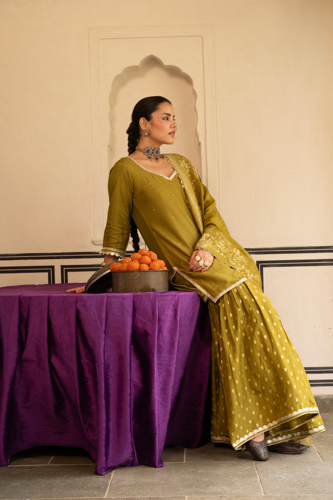 Olive Green Dola Silk Gharara Suit Set