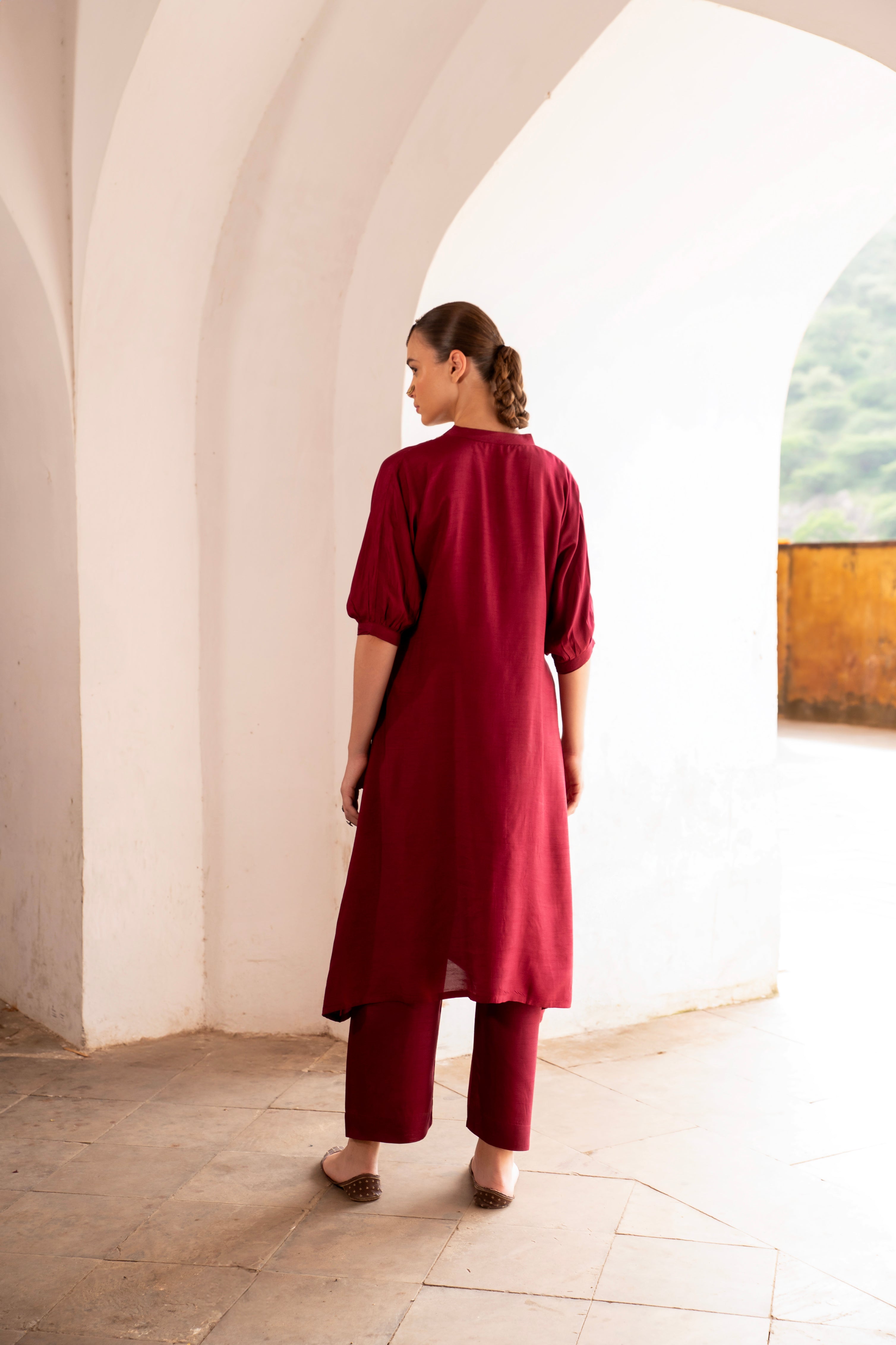WINE EMBROIDERED DOLA SILK KURTA SET