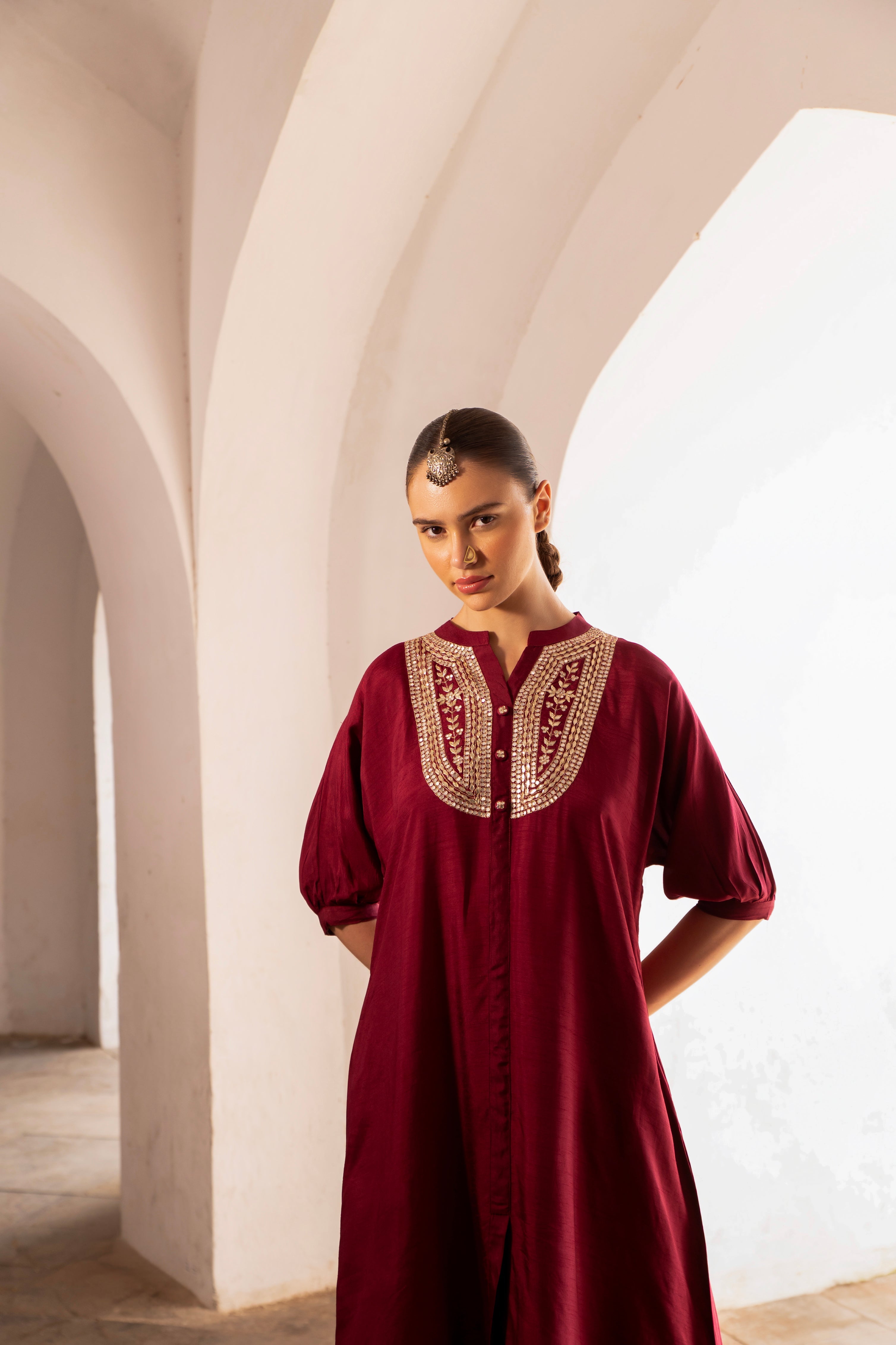 WINE EMBROIDERED DOLA SILK KURTA SET