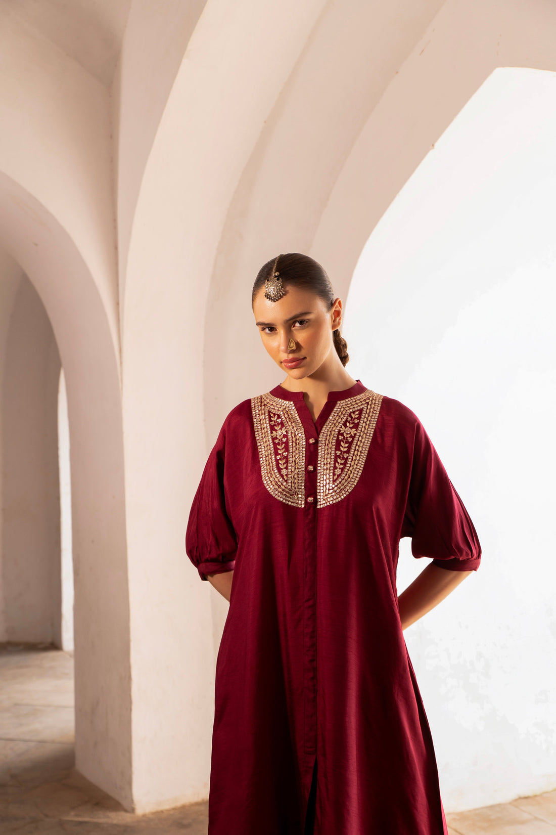 WINE EMBROIDERED DOLA SILK KURTA SET
