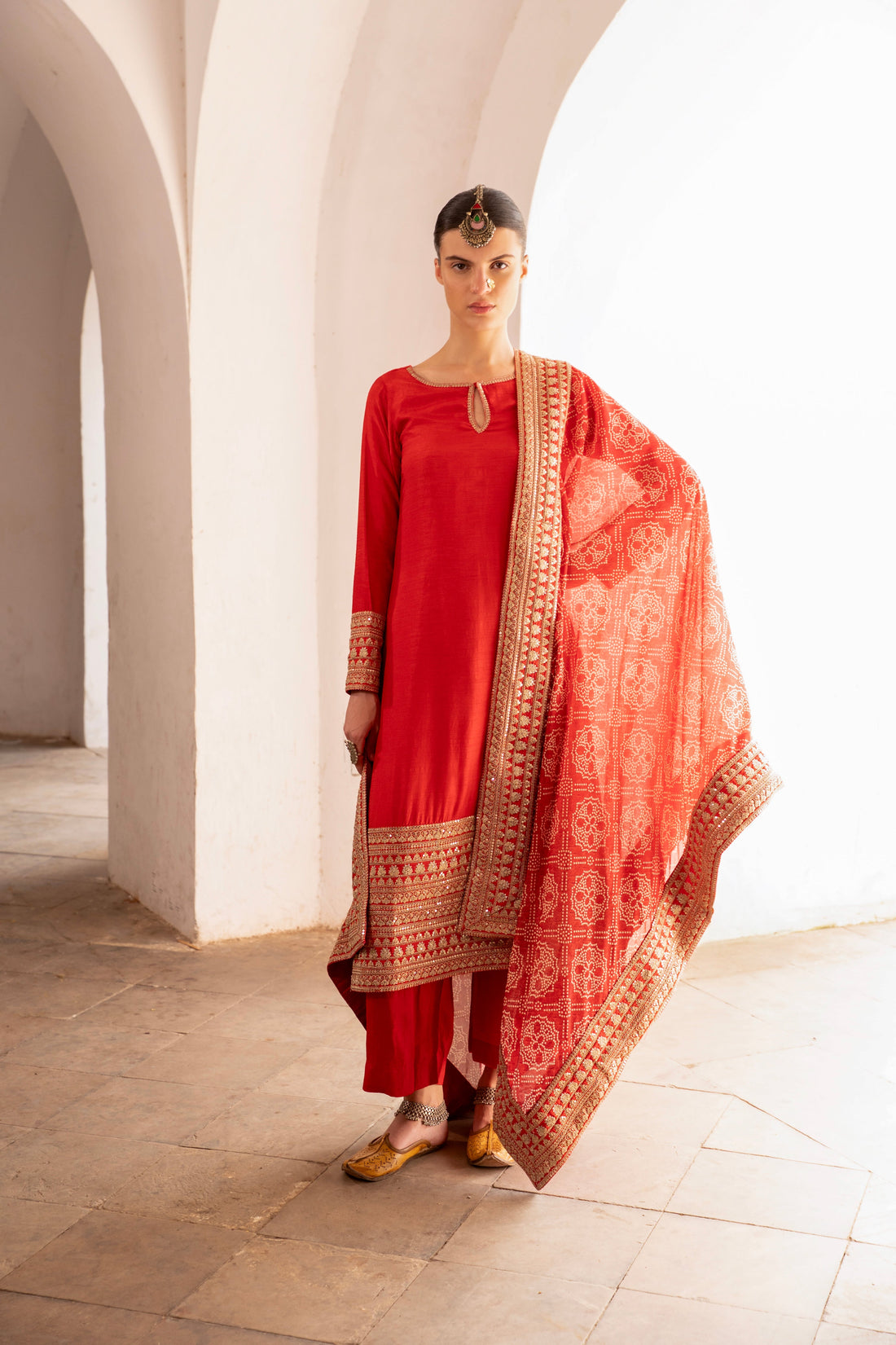 RED PURE DOLA SILK EMBROIDERED KURTA SET