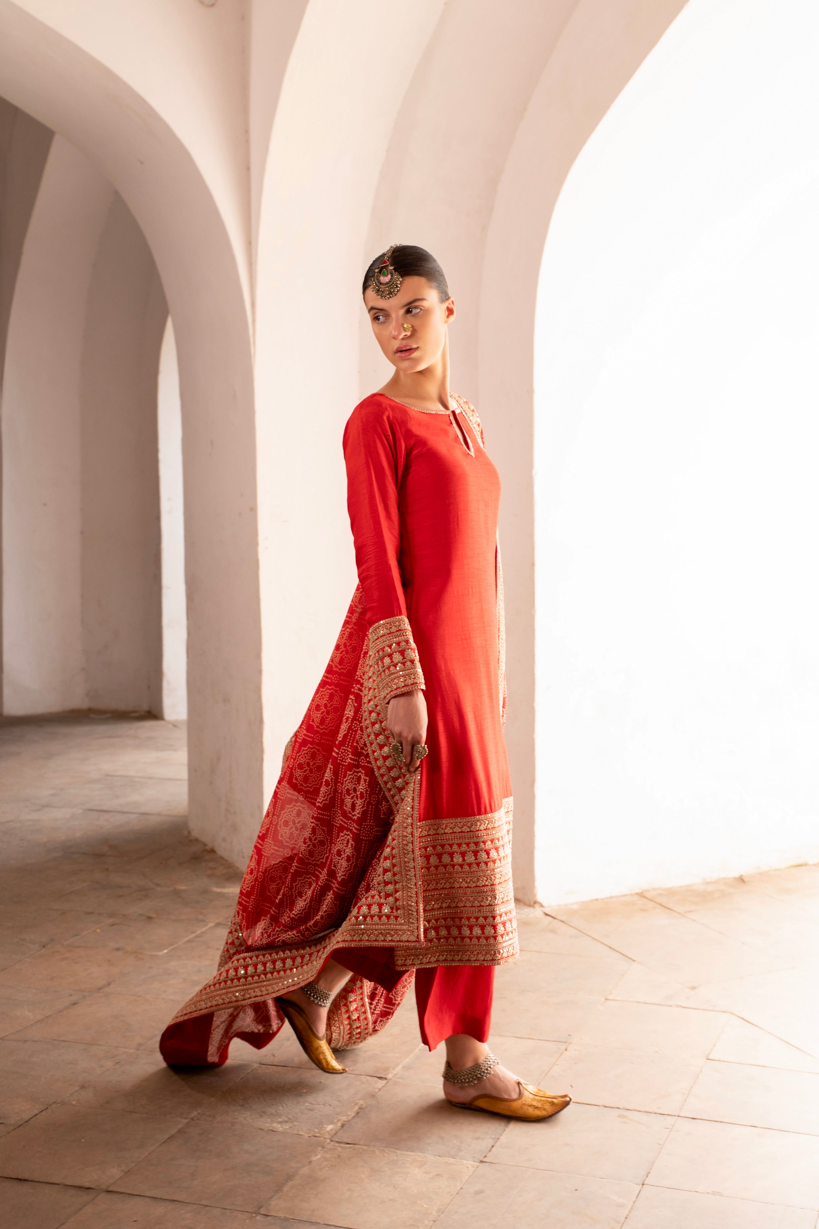 RED PURE DOLA SILK EMBROIDERED KURTA SET