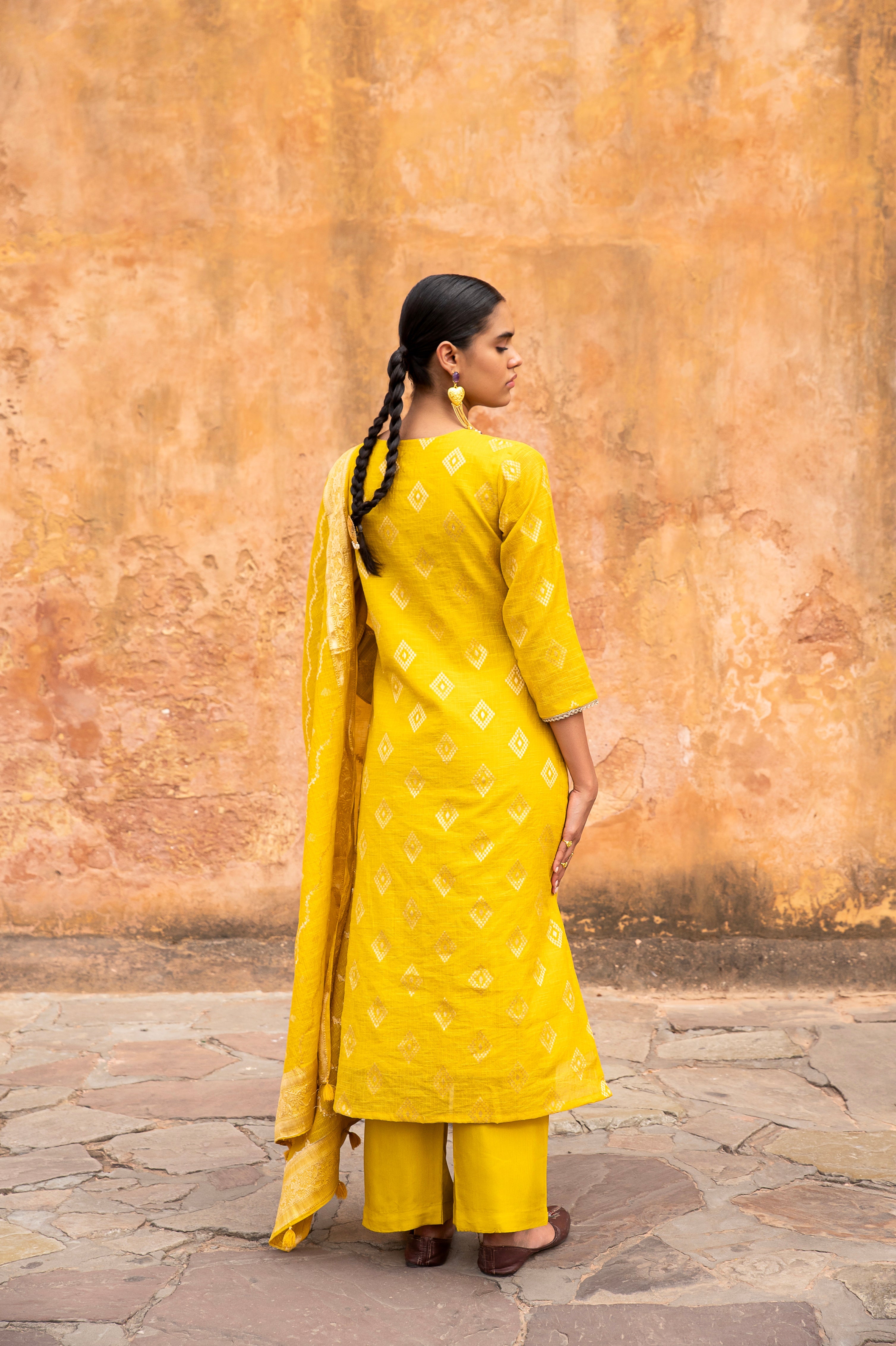 YELLOW PURE KOTA DORIA BANARASI KURTA SET