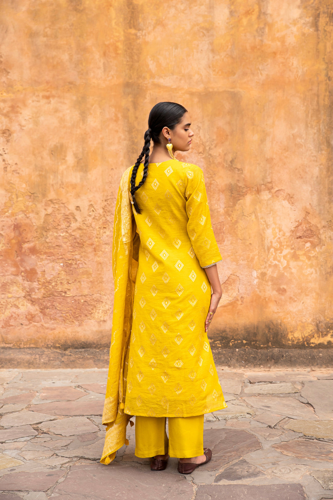 YELLOW PURE KOTA DORIA BANARASI KURTA SET
