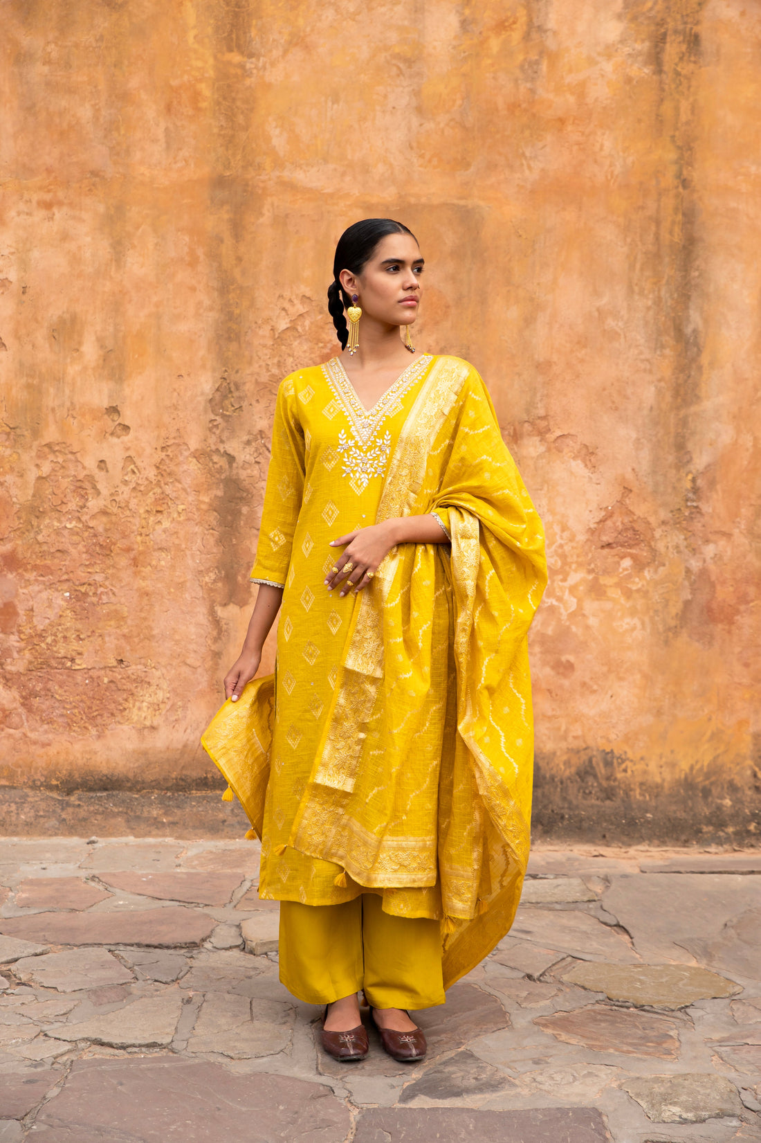 YELLOW PURE KOTA DORIA BANARASI KURTA SET