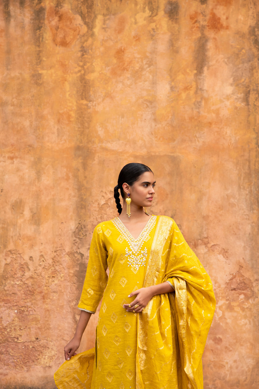 YELLOW PURE KOTA DORIA BANARASI KURTA SET