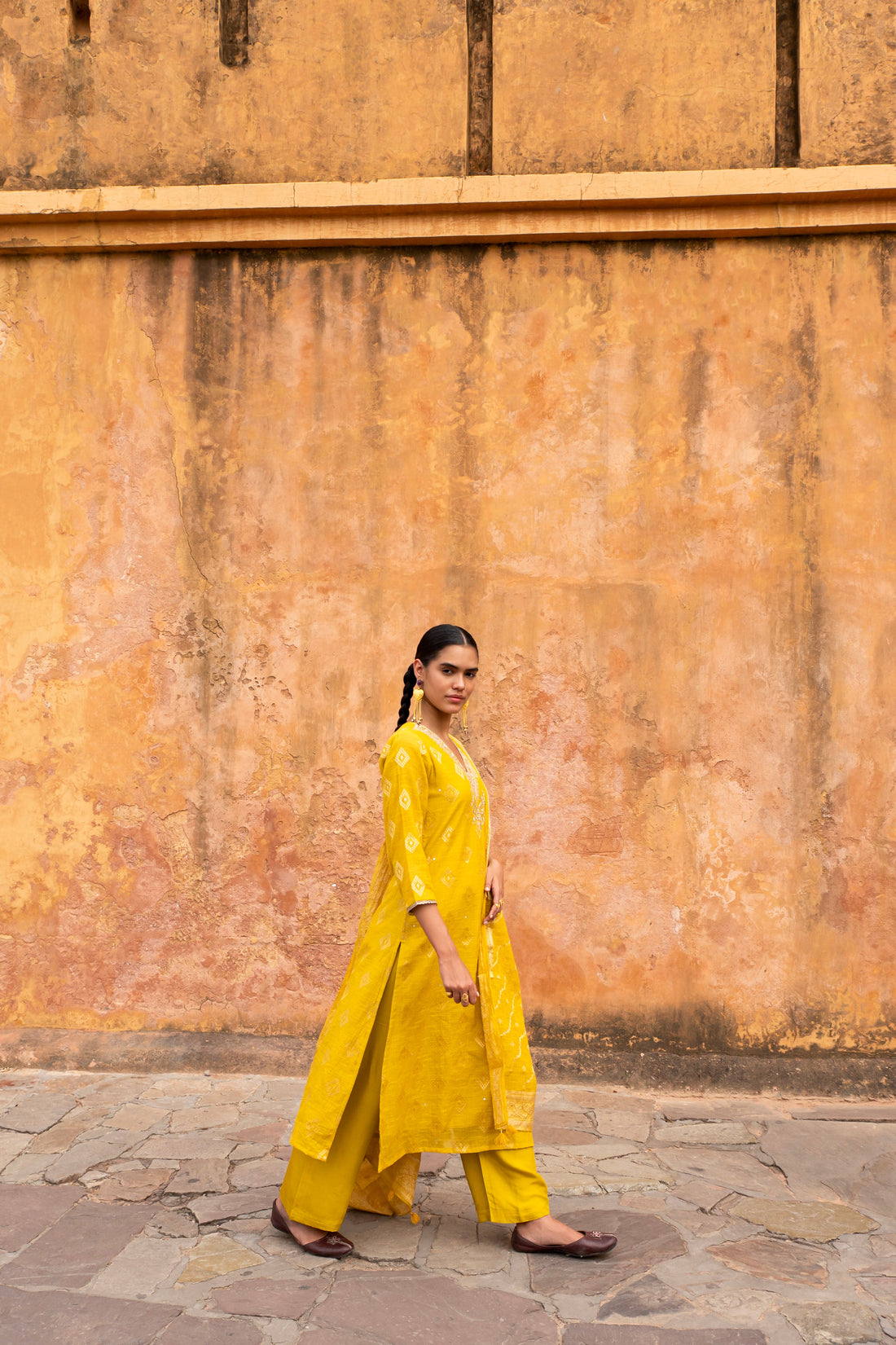 YELLOW PURE KOTA DORIA BANARASI KURTA SET