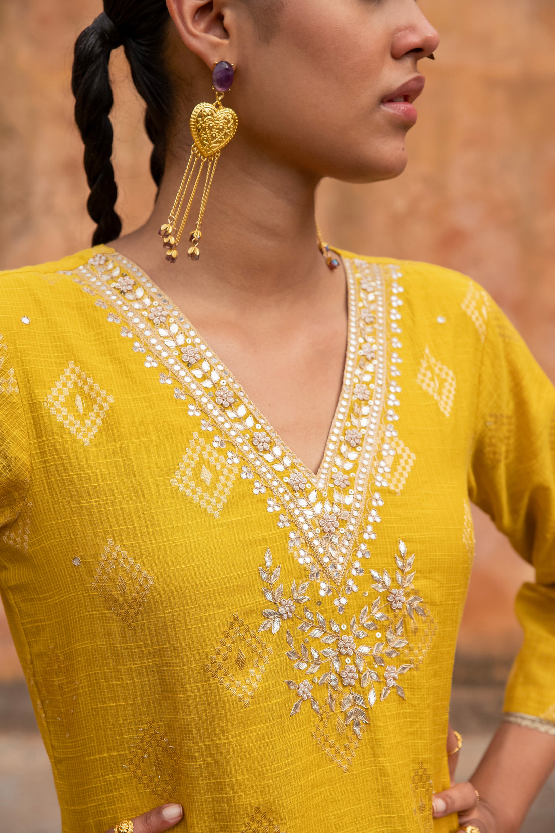 YELLOW PURE KOTA DORIA BANARASI KURTA SET