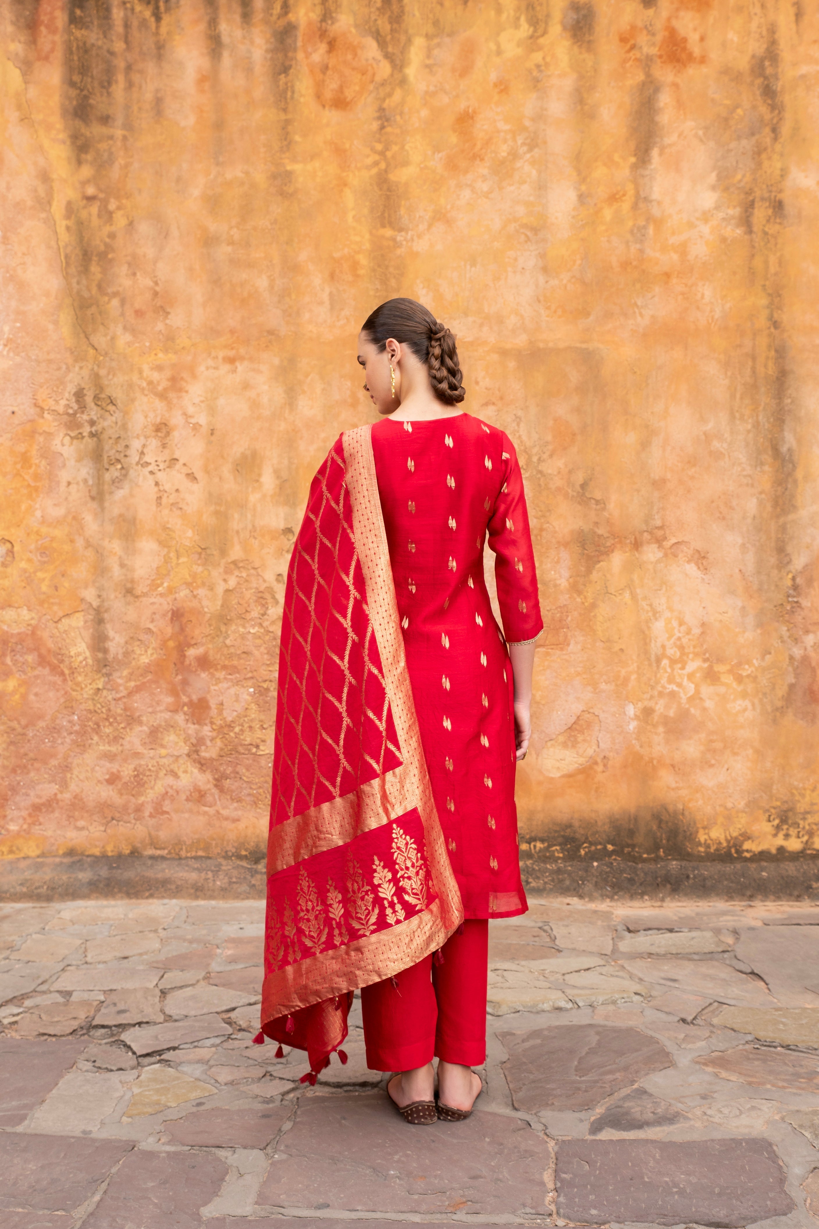 PURE RED CHANDERI BANARASI KURTA SET
