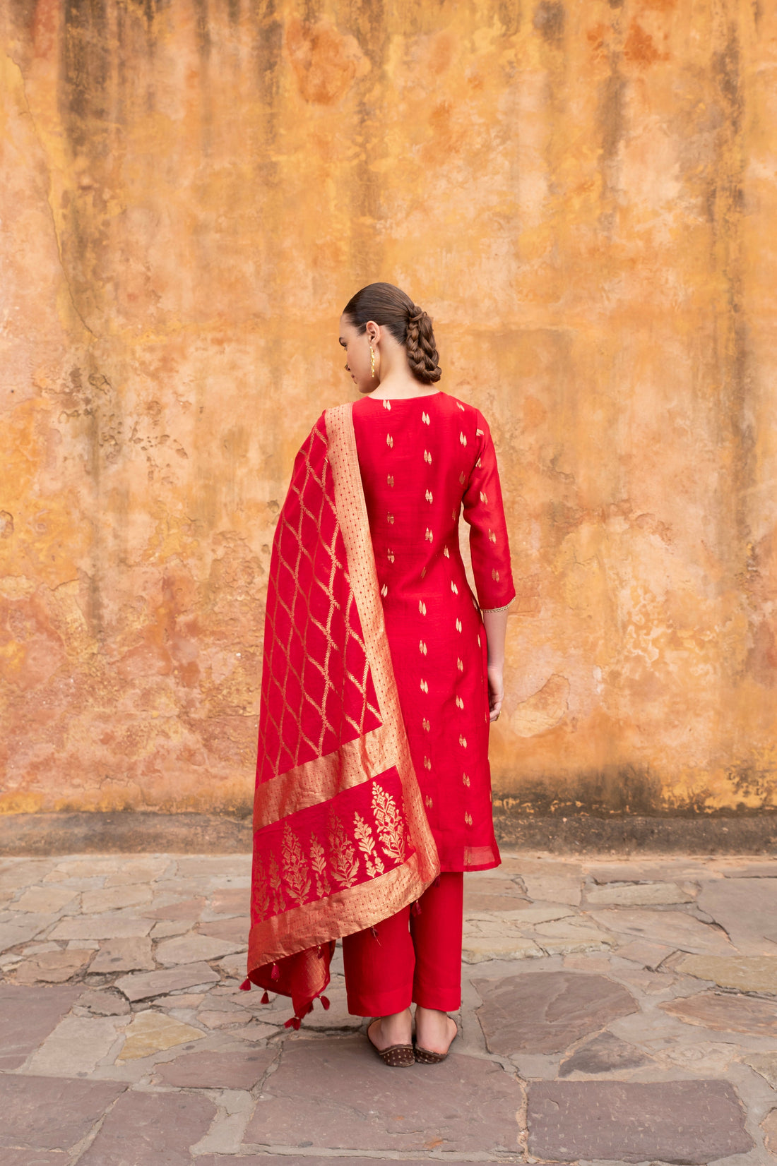 PURE RED CHANDERI BANARASI KURTA SET