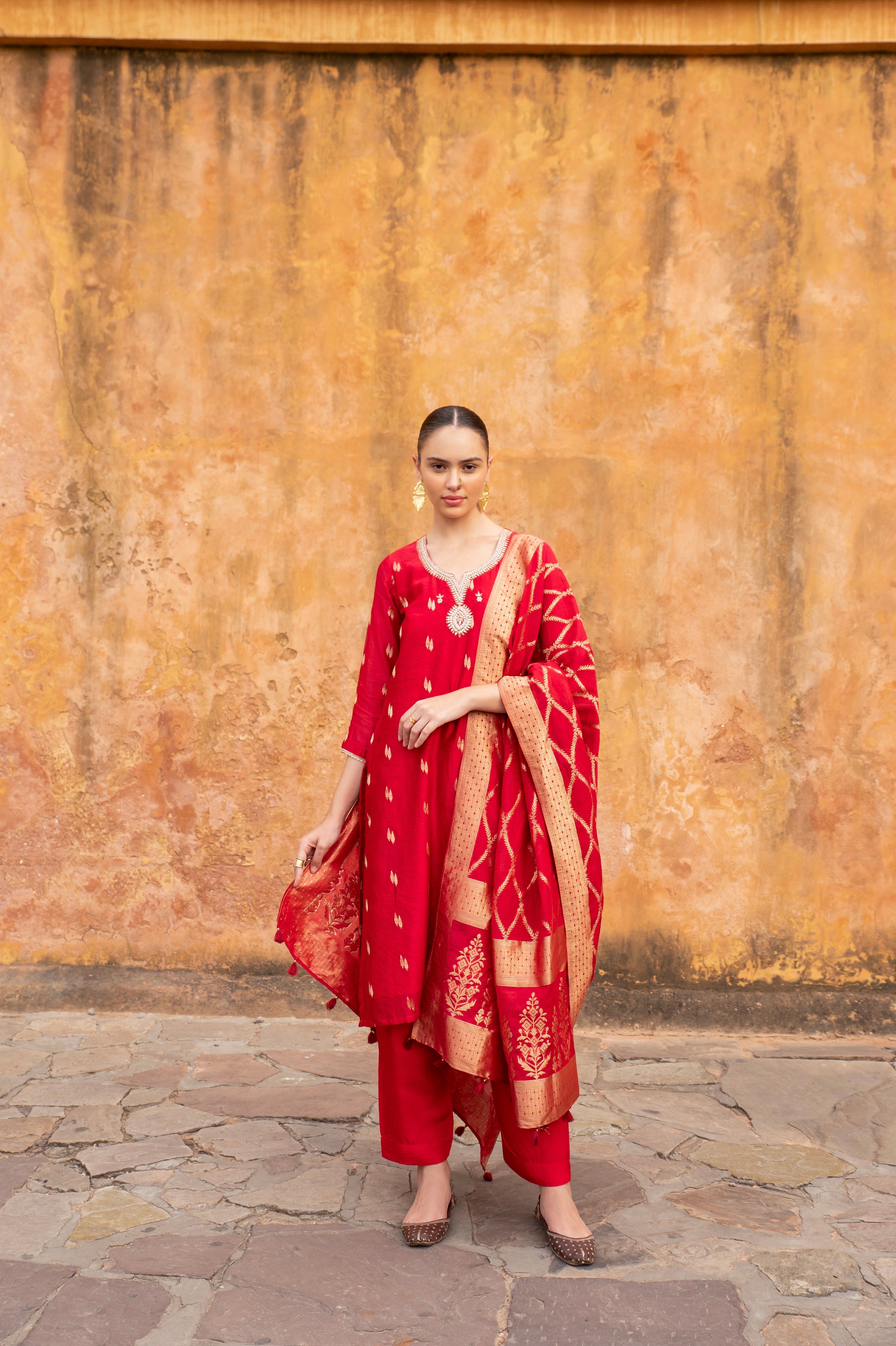 PURE RED CHANDERI BANARASI KURTA SET