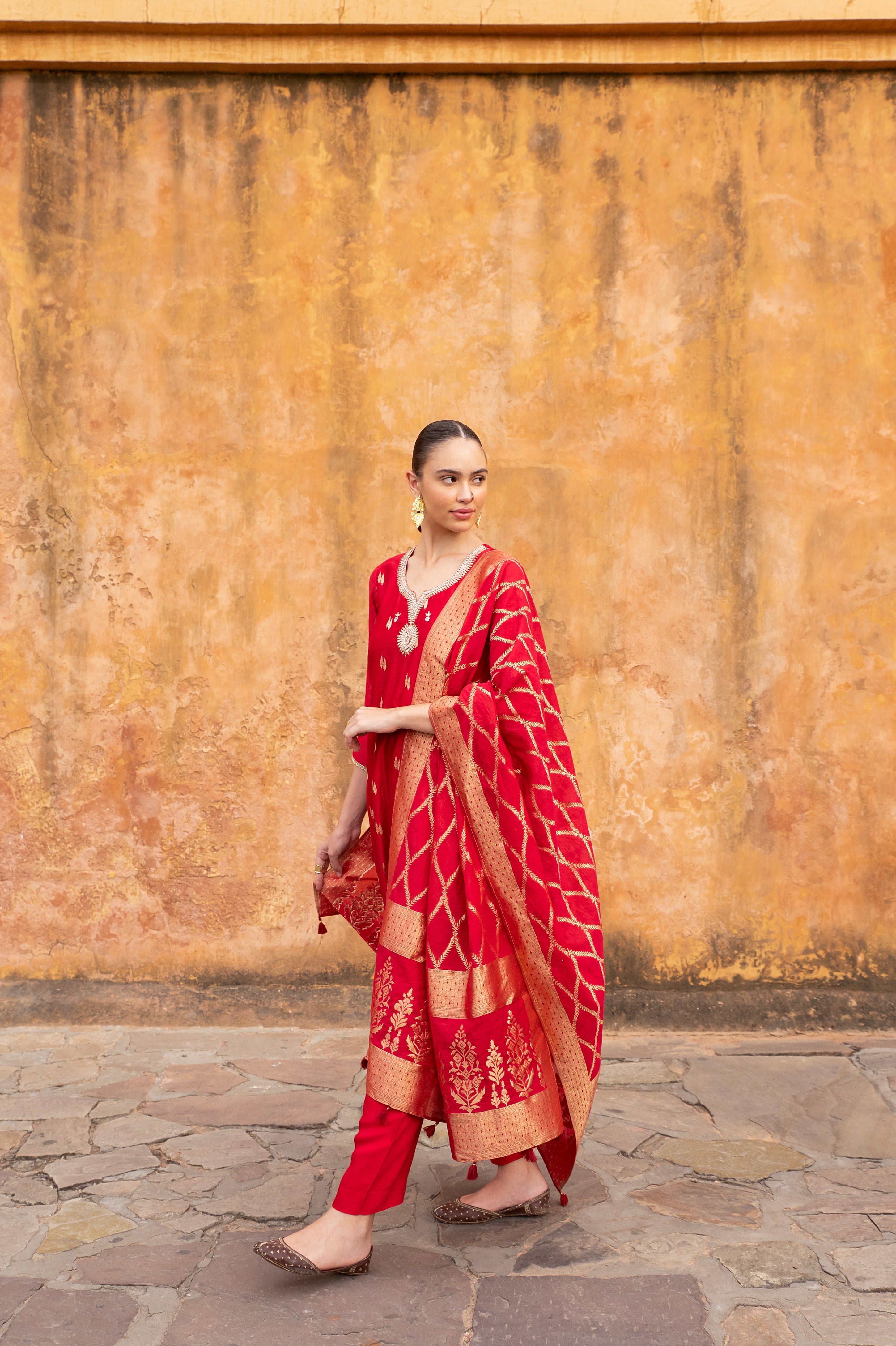 PURE RED CHANDERI BANARASI KURTA SET