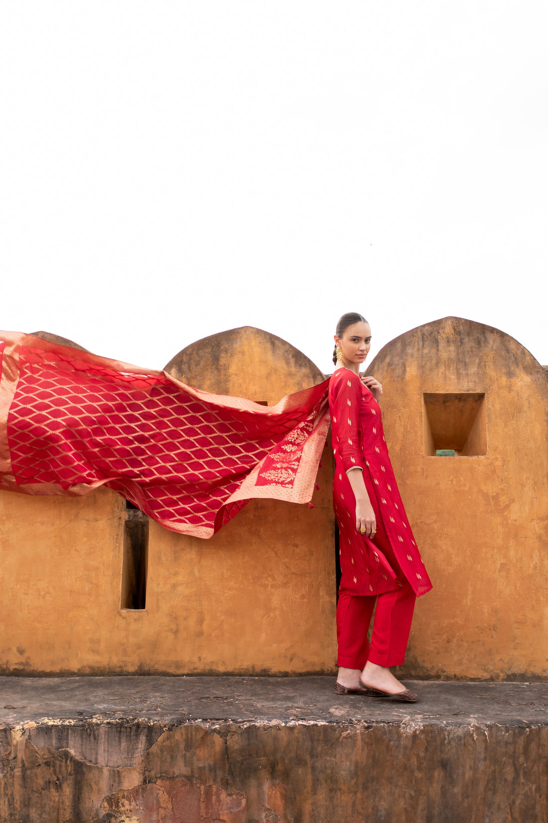PURE RED CHANDERI BANARASI KURTA SET