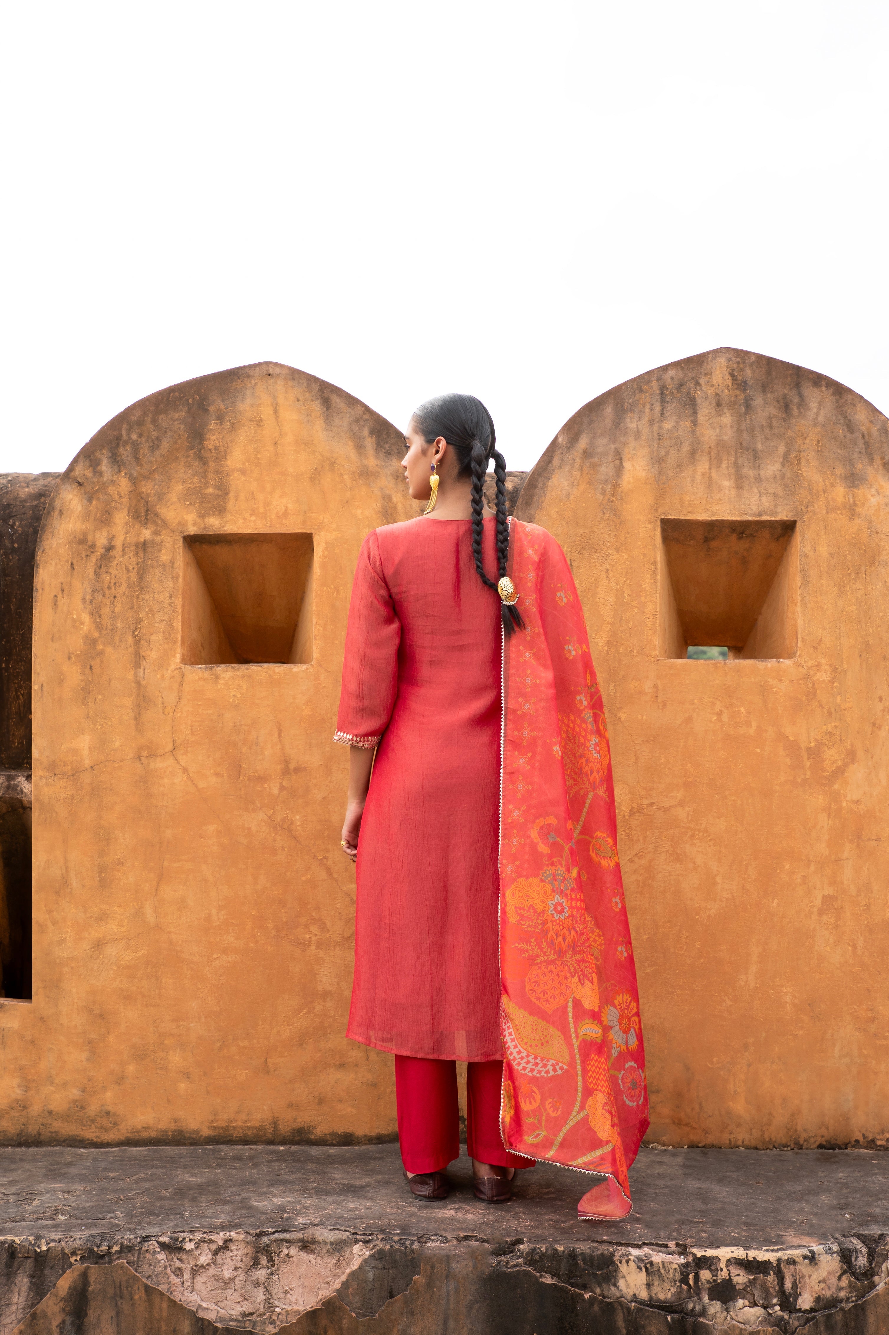 PURE RED CRUSHED TISSUE EMBROIDERED KURTA SET