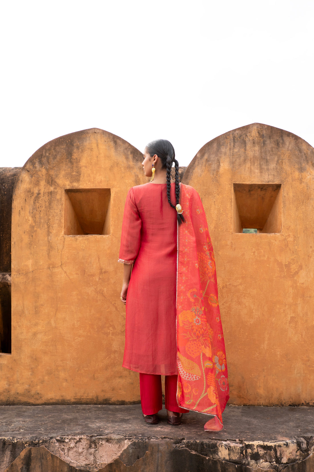 PURE RED CRUSHED TISSUE EMBROIDERED KURTA SET