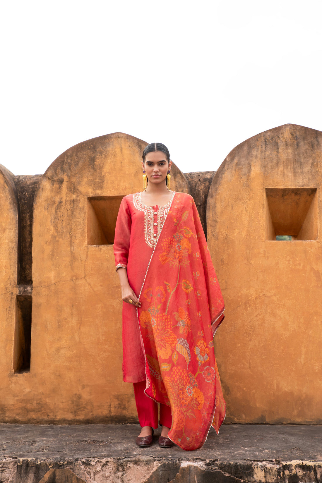 PURE RED CRUSHED TISSUE EMBROIDERED KURTA SET