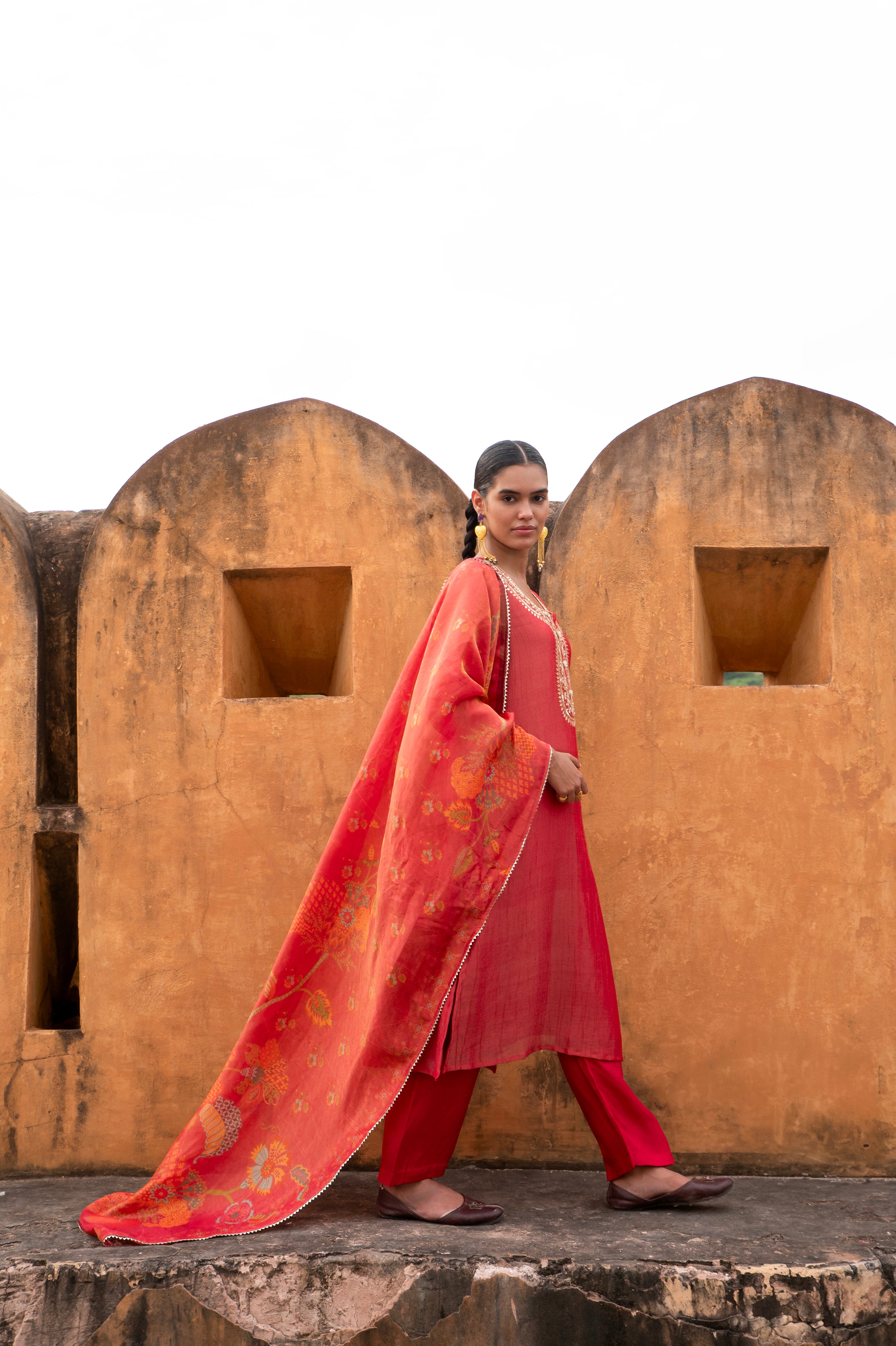PURE RED CRUSHED TISSUE EMBROIDERED KURTA SET