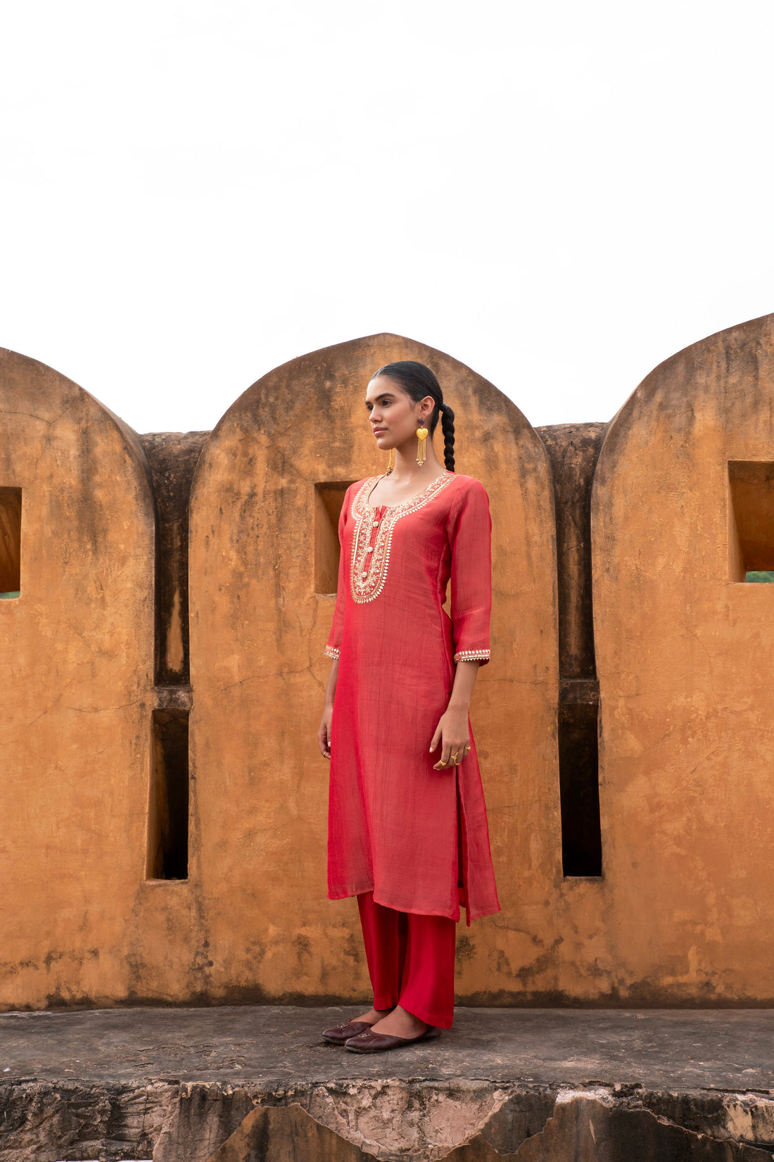 PURE RED CRUSHED TISSUE EMBROIDERED KURTA SET
