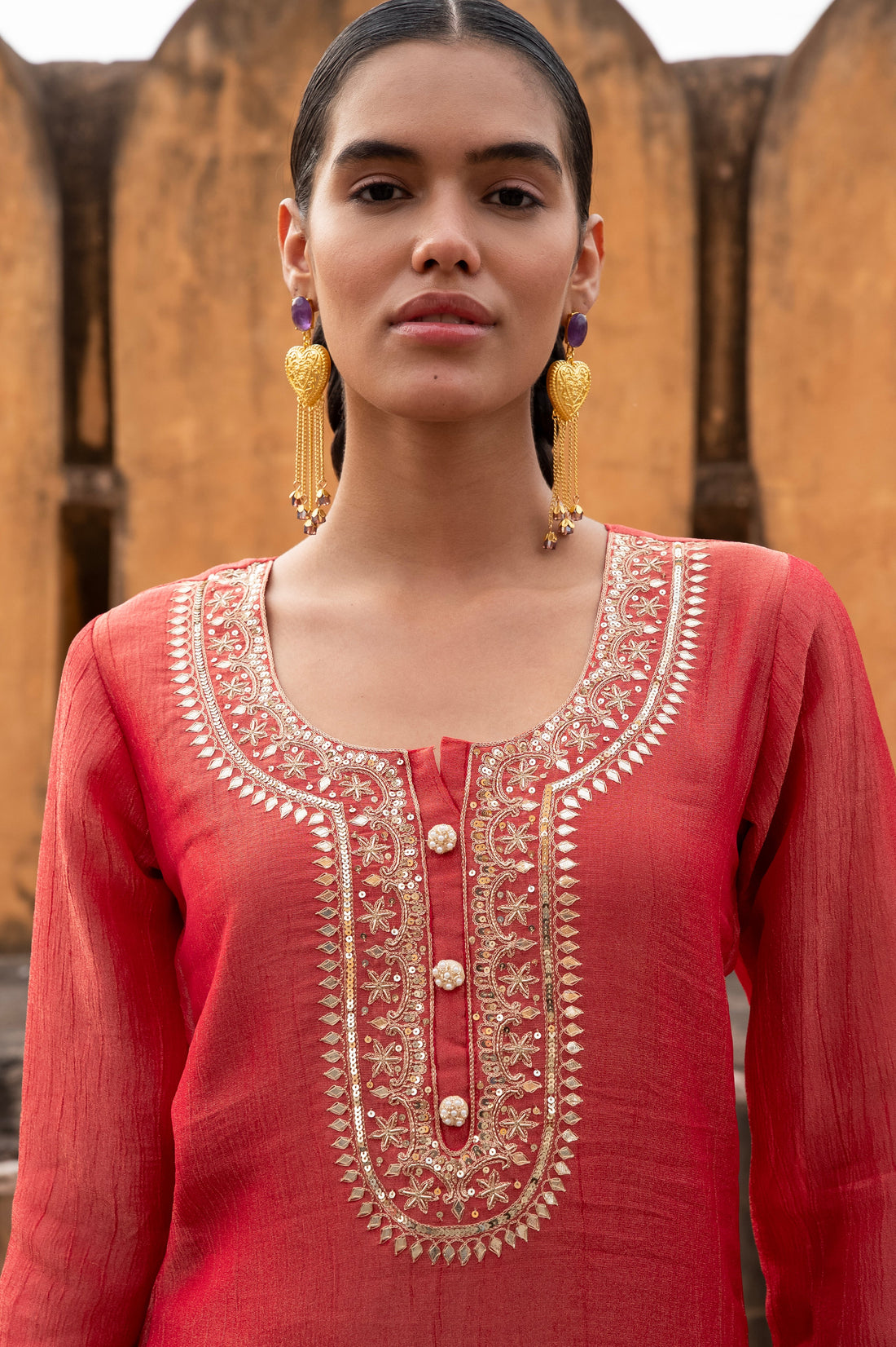 PURE RED CRUSHED TISSUE EMBROIDERED KURTA SET
