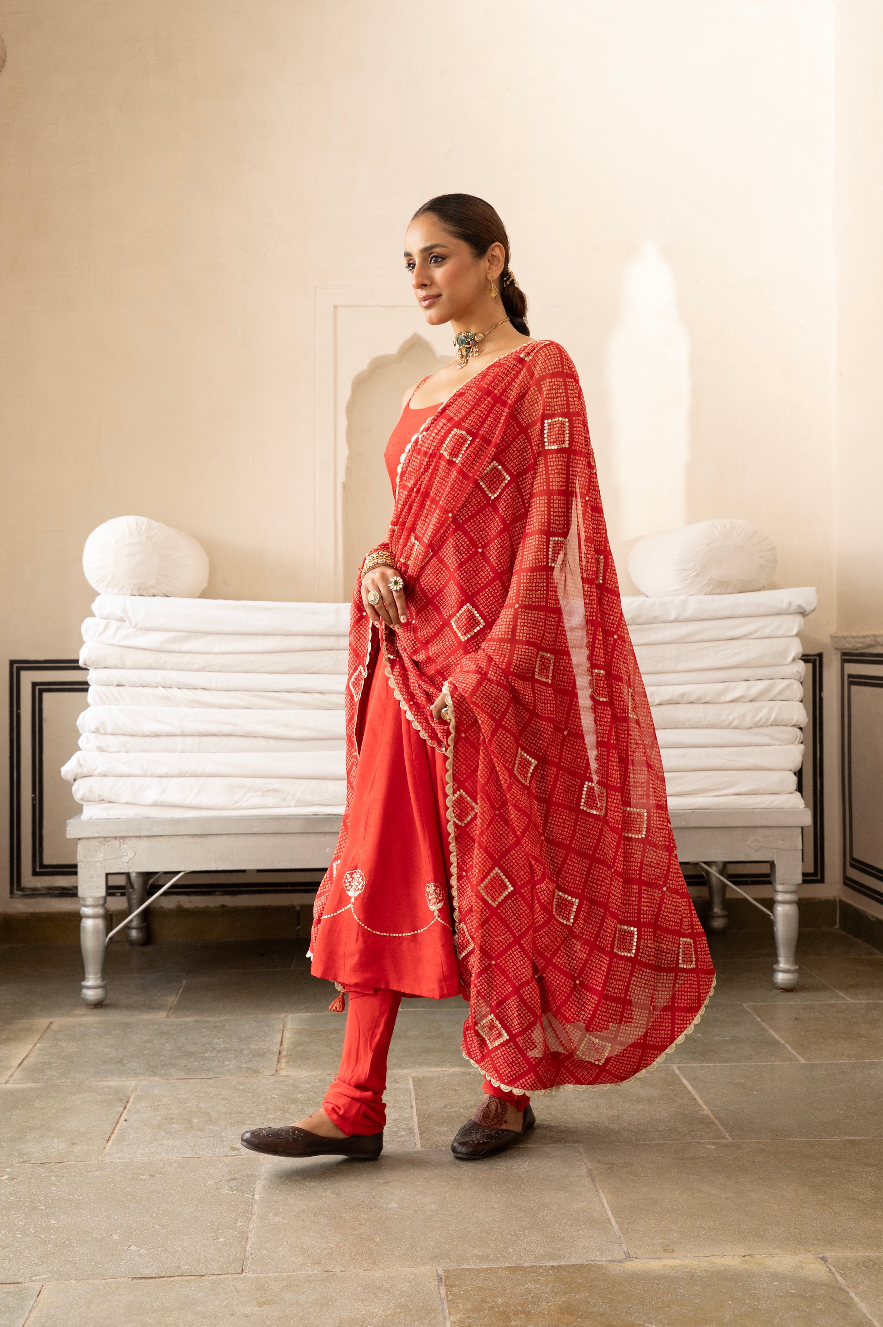 Red Pure Dola Silk Kurta Set