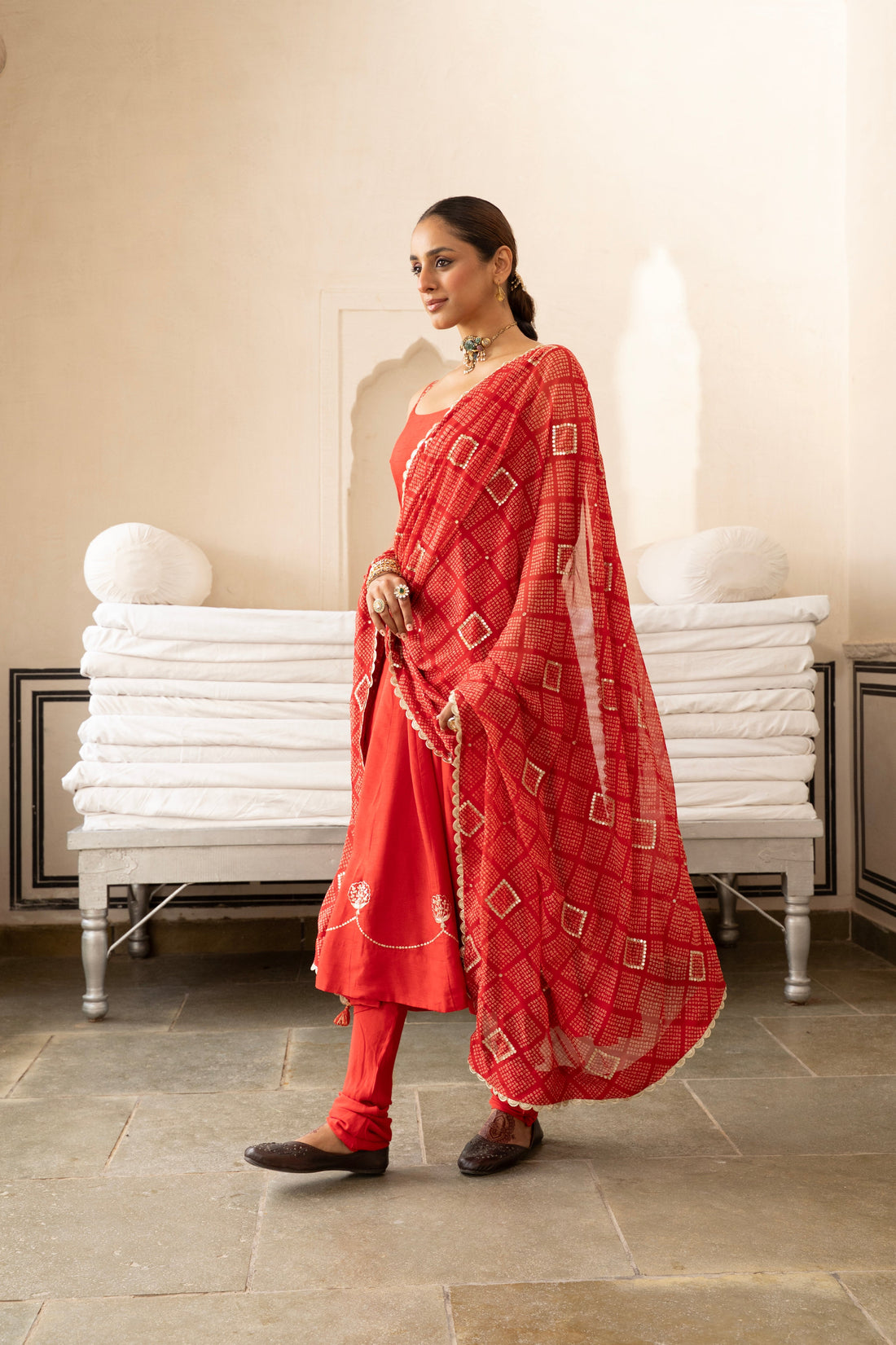 Red Pure Dola Silk Kurta Set