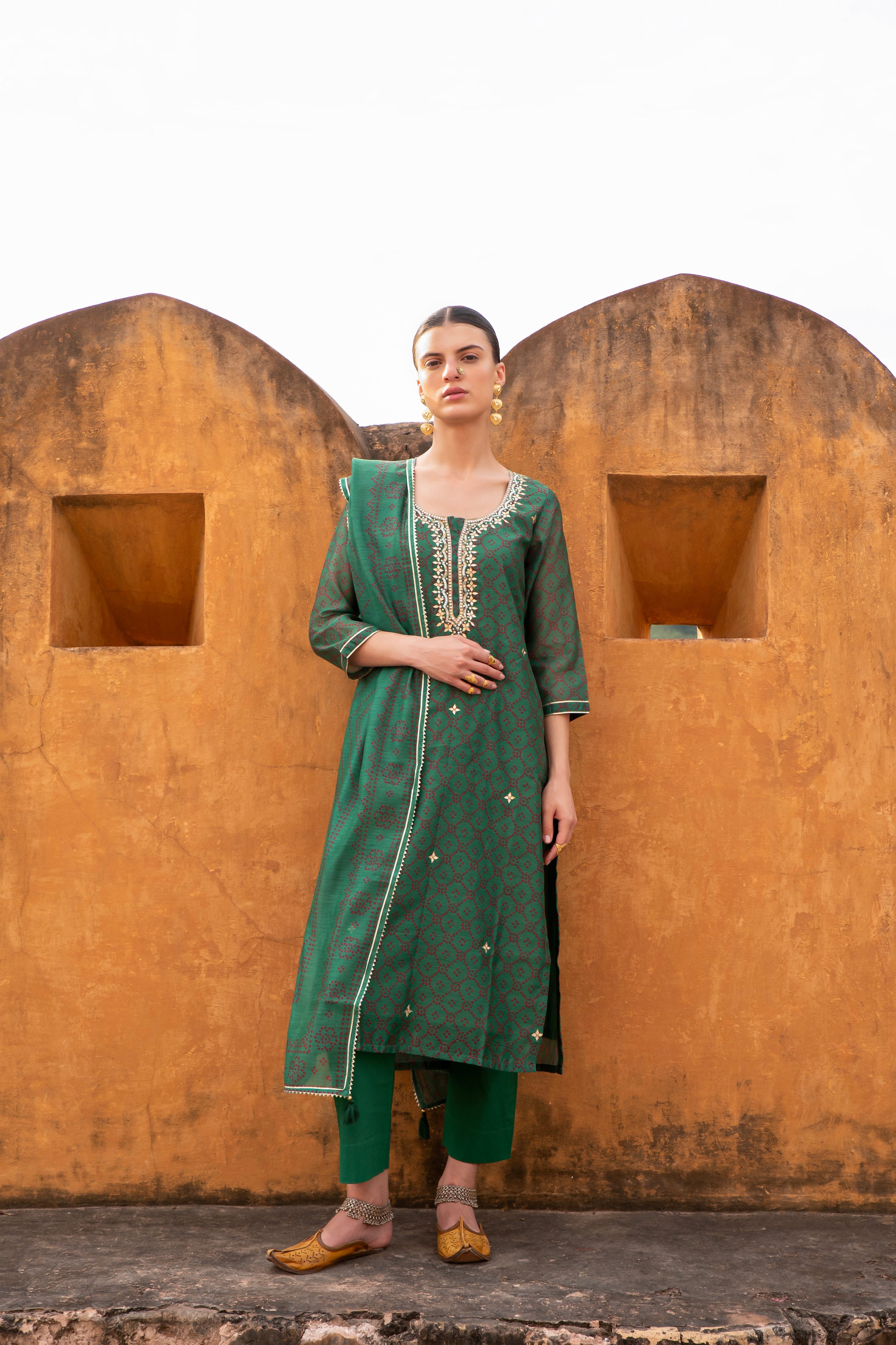 GREEN BANDHANI EMBROIDERED KURTA SET