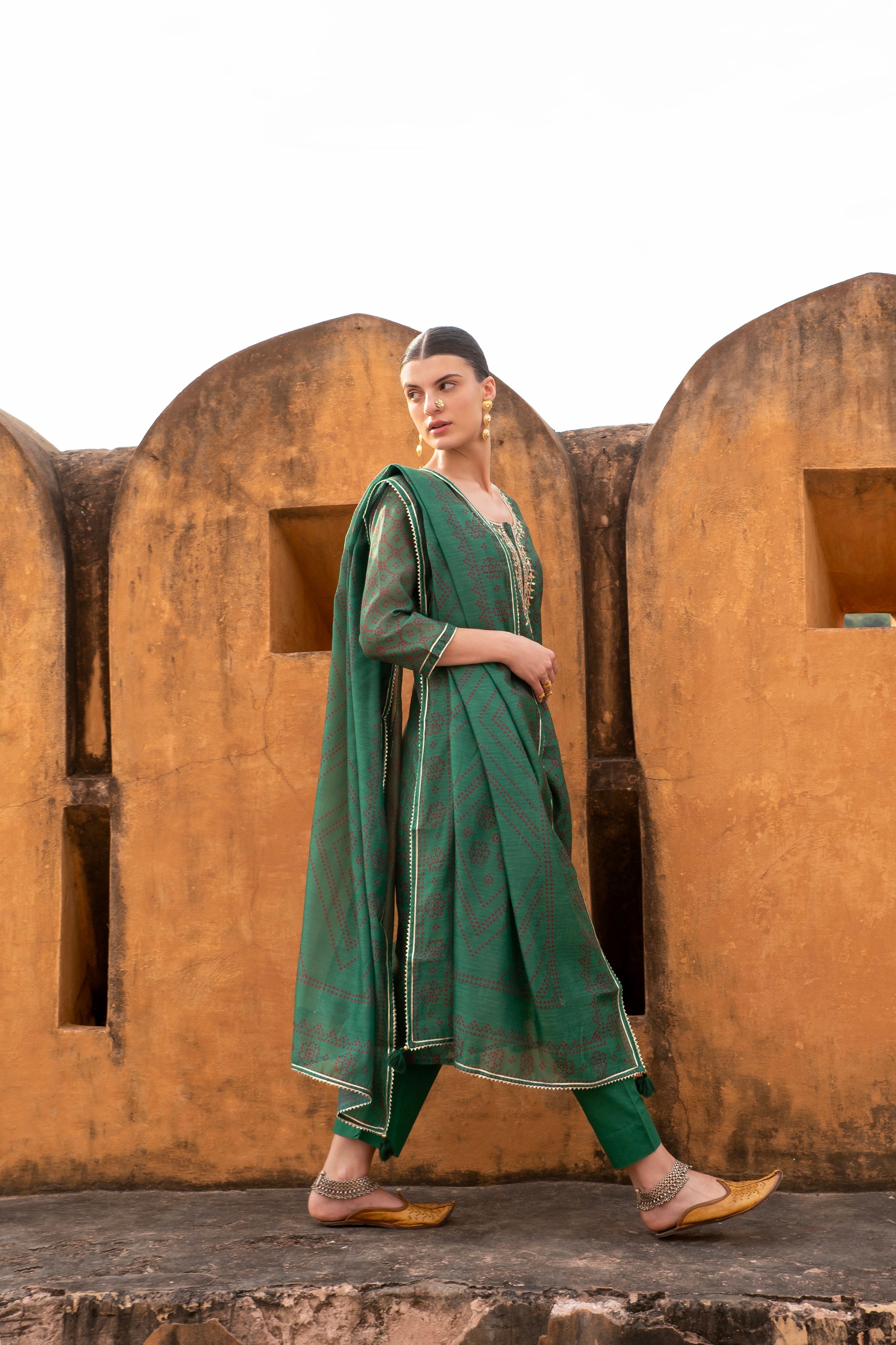 GREEN BANDHANI EMBROIDERED KURTA SET