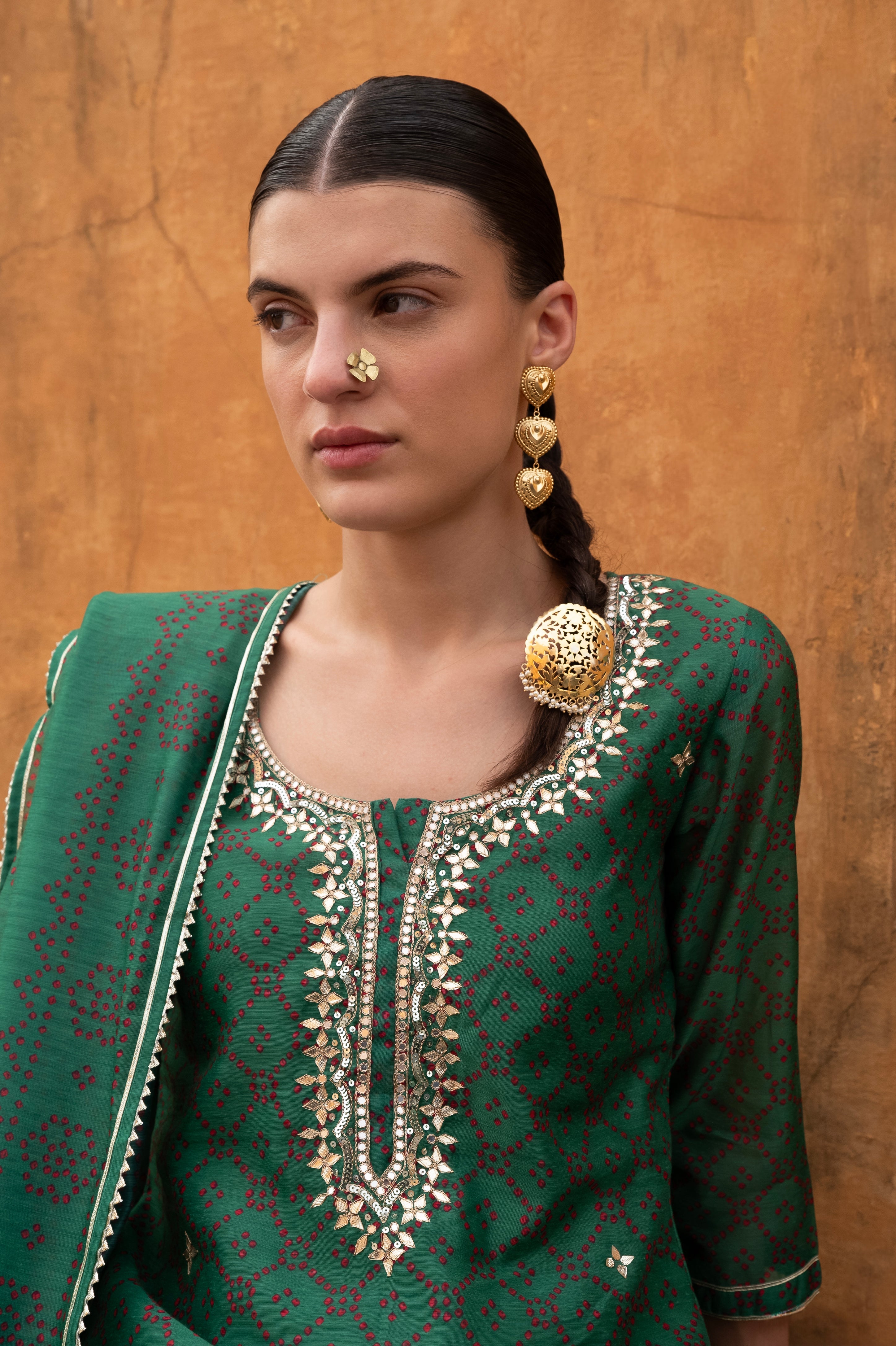 GREEN BANDHANI EMBROIDERED KURTA SET