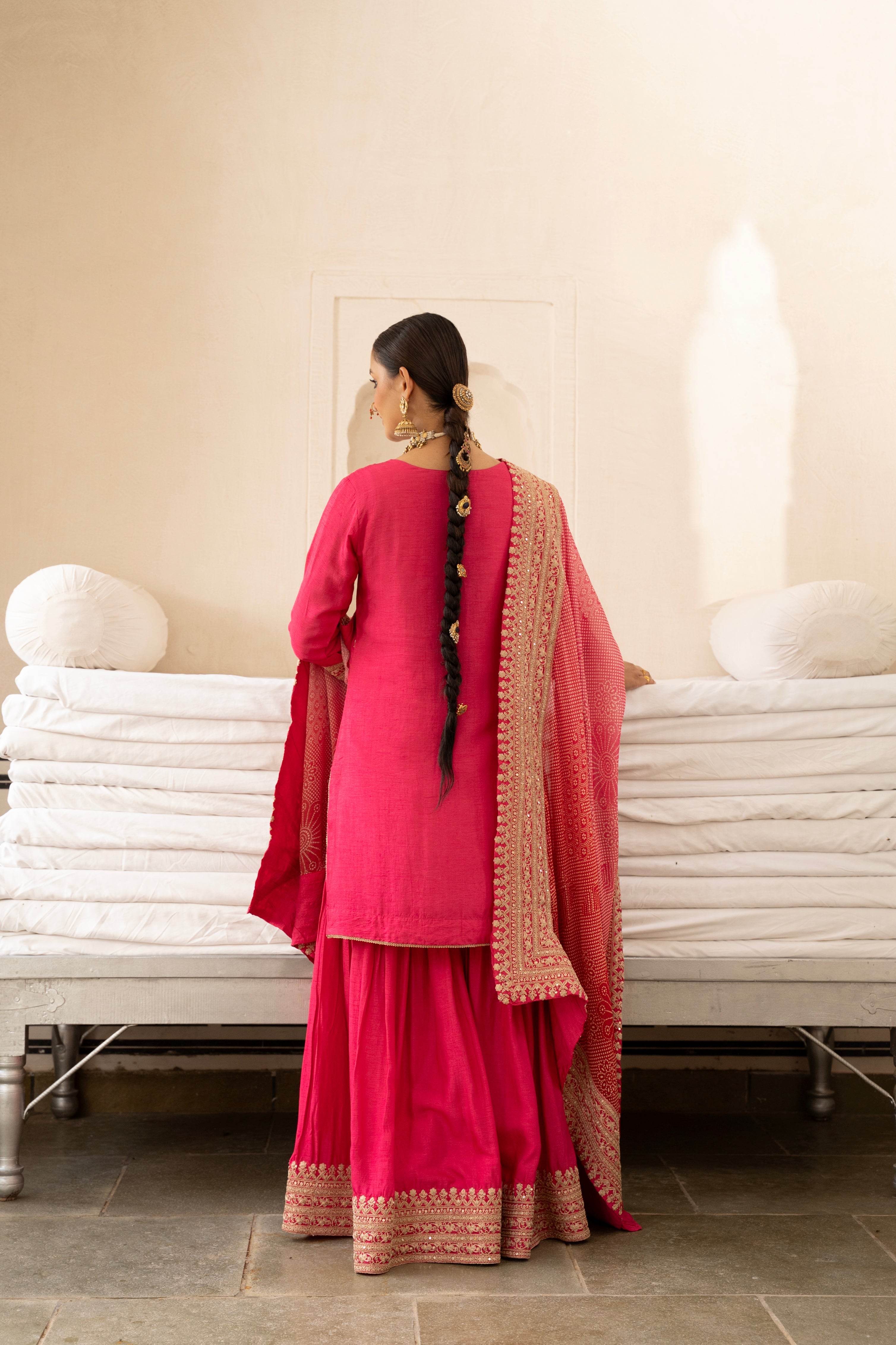 Pink Pure Dola Silk  Embroidered Gharara Set