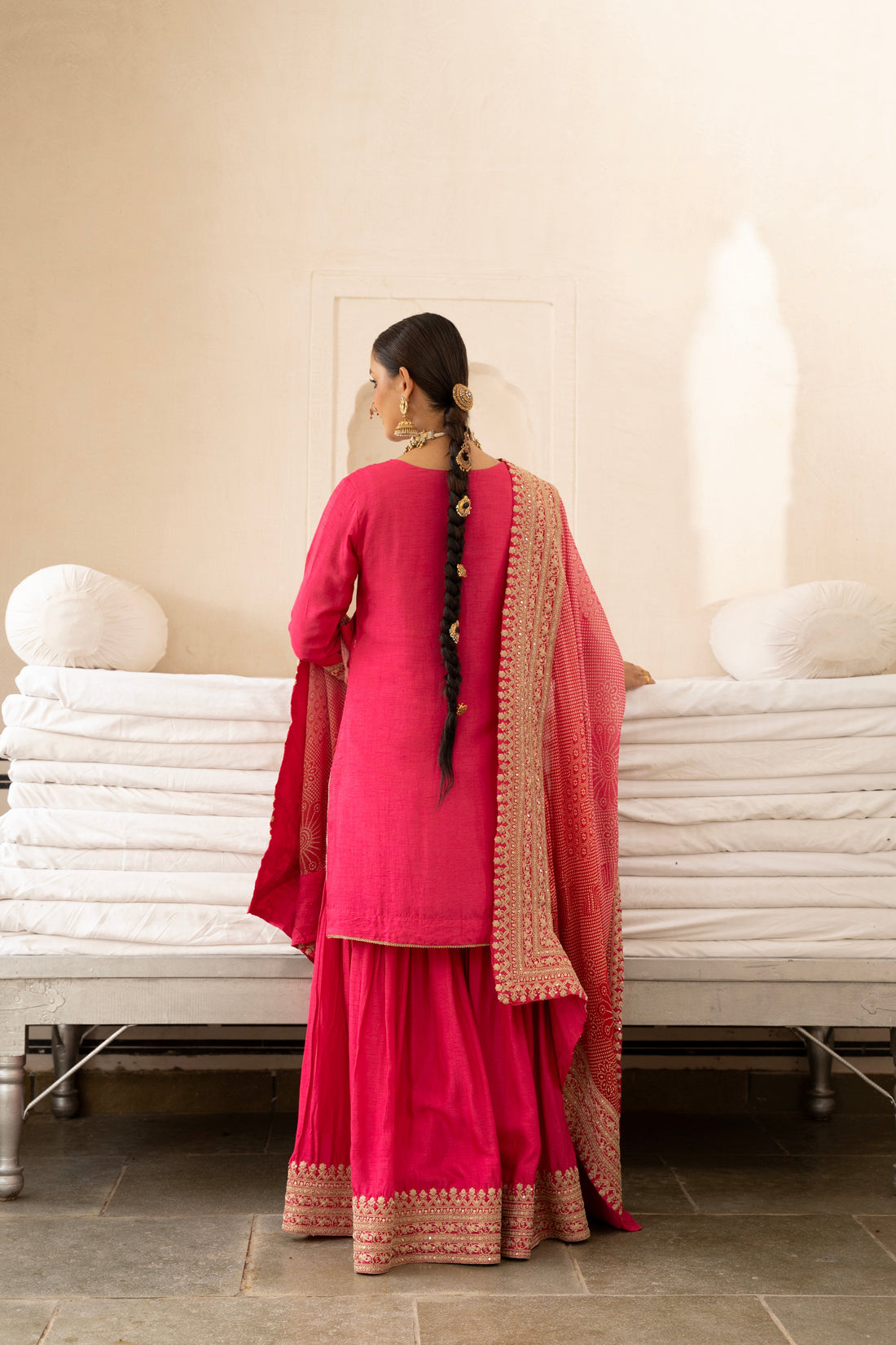 Pink Pure Dola Silk  Embroidered Gharara Set