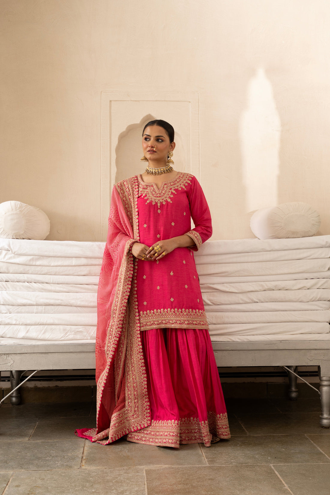 Pink Pure Dola Silk  Embroidered Gharara Set