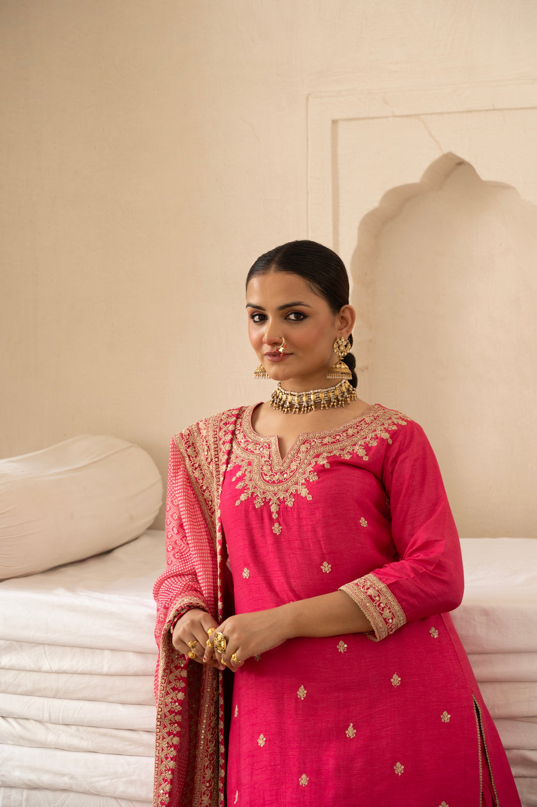 Pink Pure Dola Silk  Embroidered Gharara Set