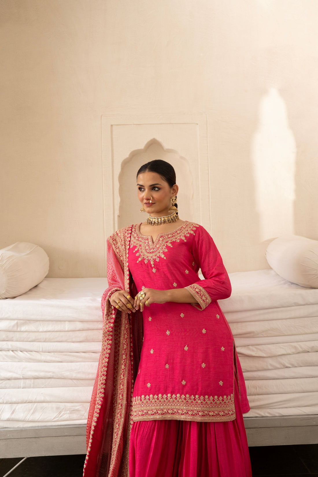 Pink Pure Dola Silk  Embroidered Gharara Set