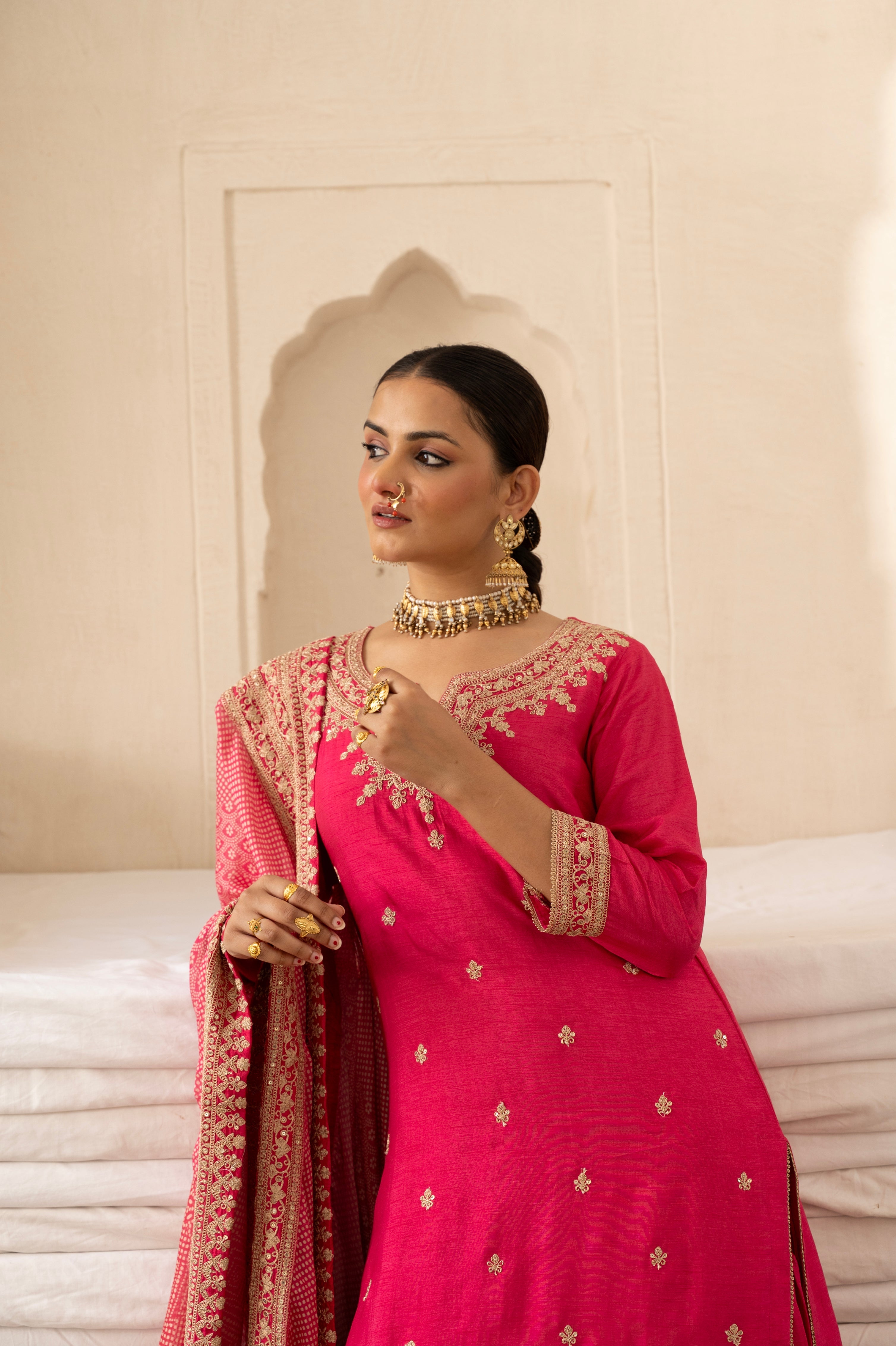 Pink Pure Dola Silk  Embroidered Gharara Set