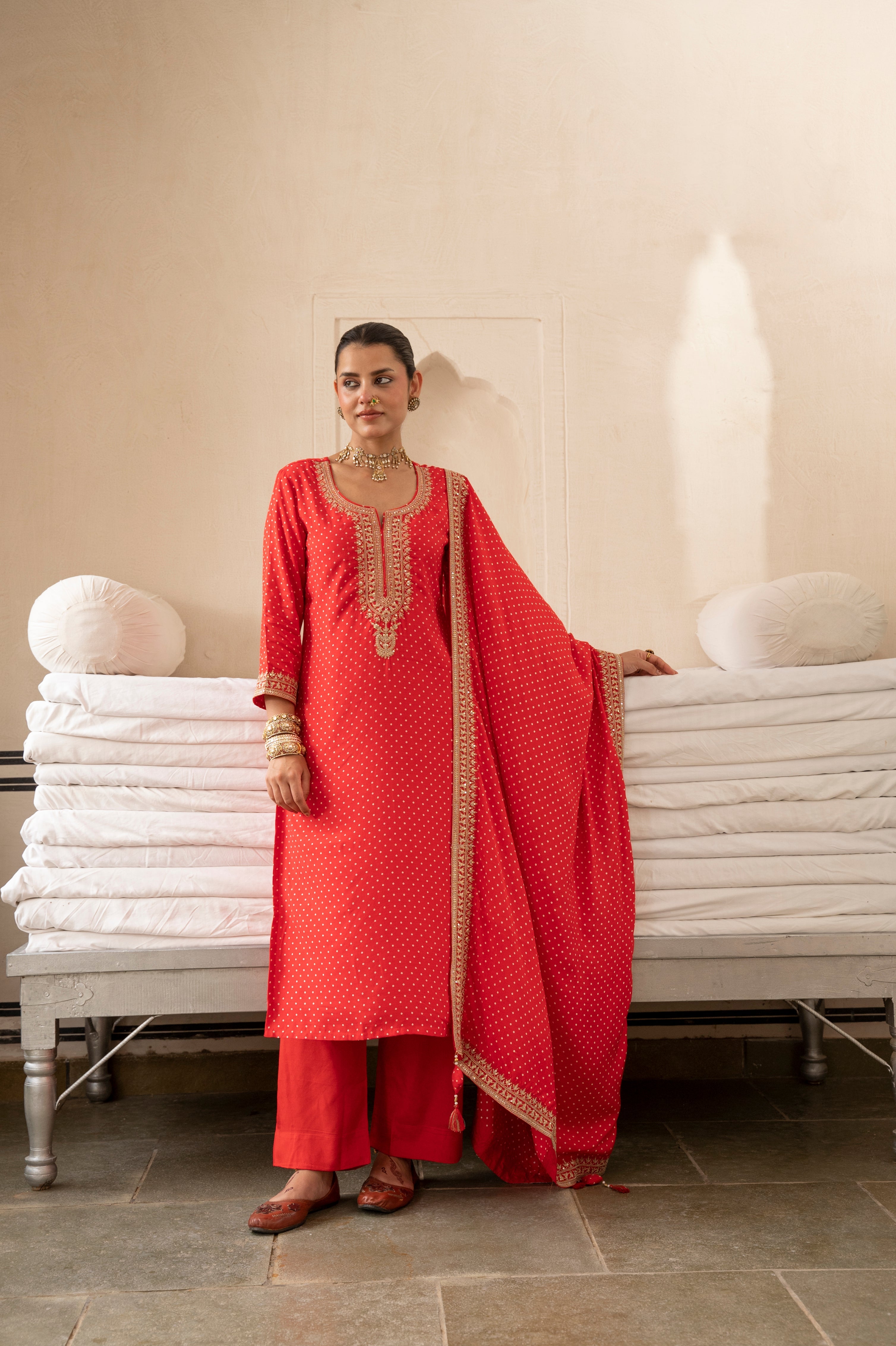 Pure Muslin Bandhani Print Kurta Set