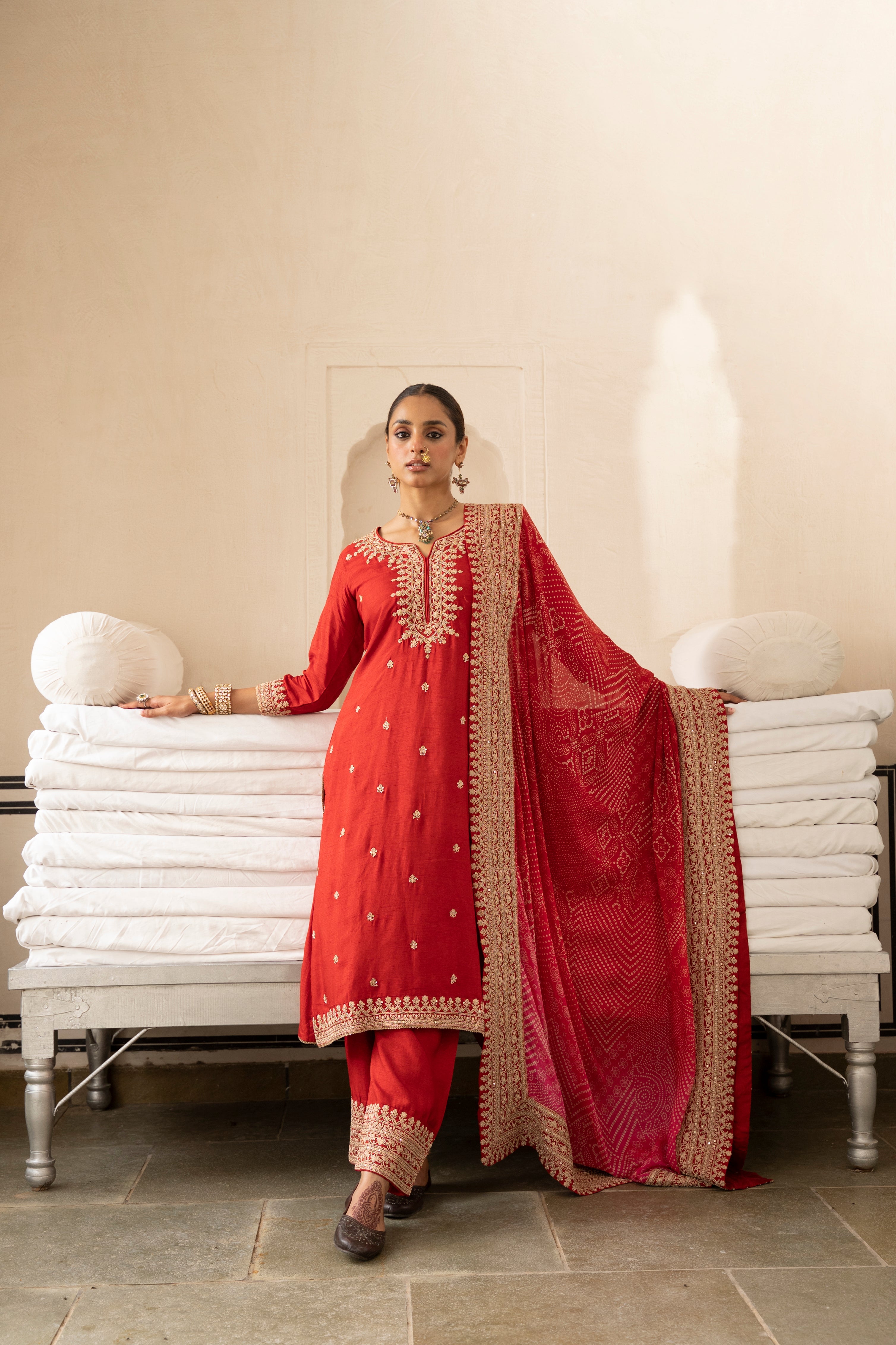 Red Pure Dola Silk Kurta Set With Bandhani Dupatta