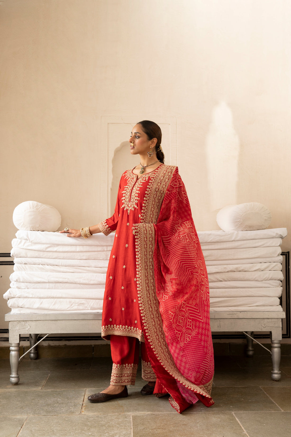 Red Pure Dola Silk Kurta Set With Bandhani Dupatta