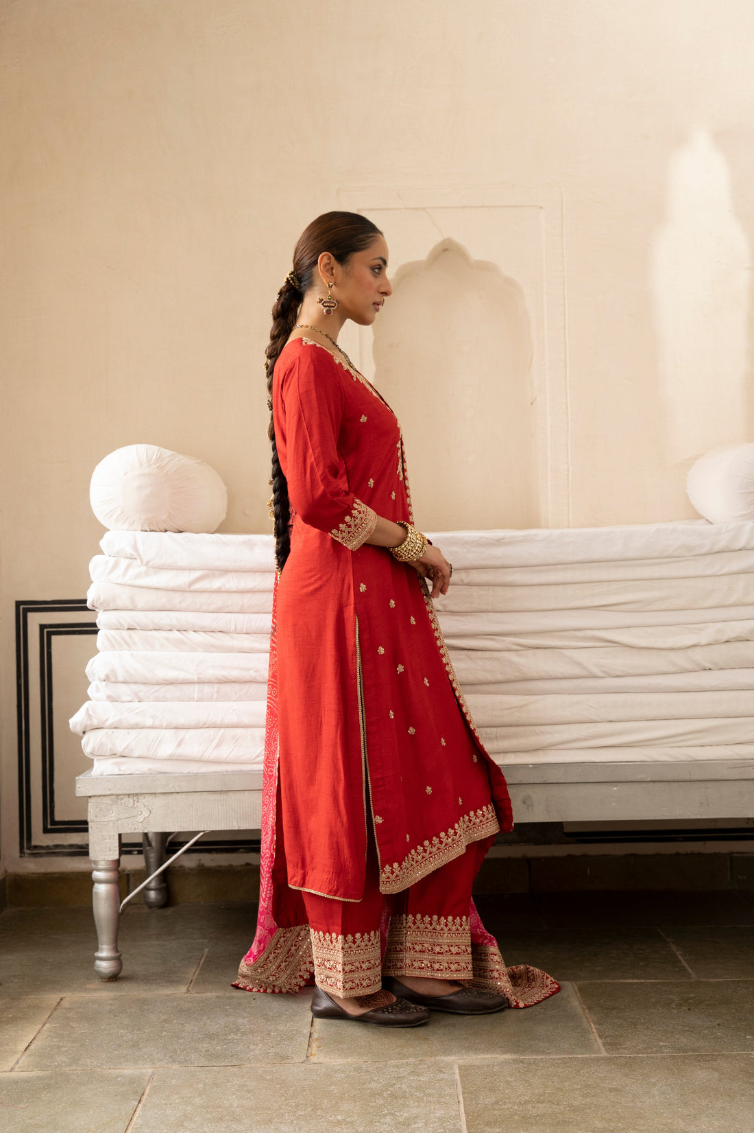 Red Pure Dola Silk Kurta Set With Bandhani Dupatta