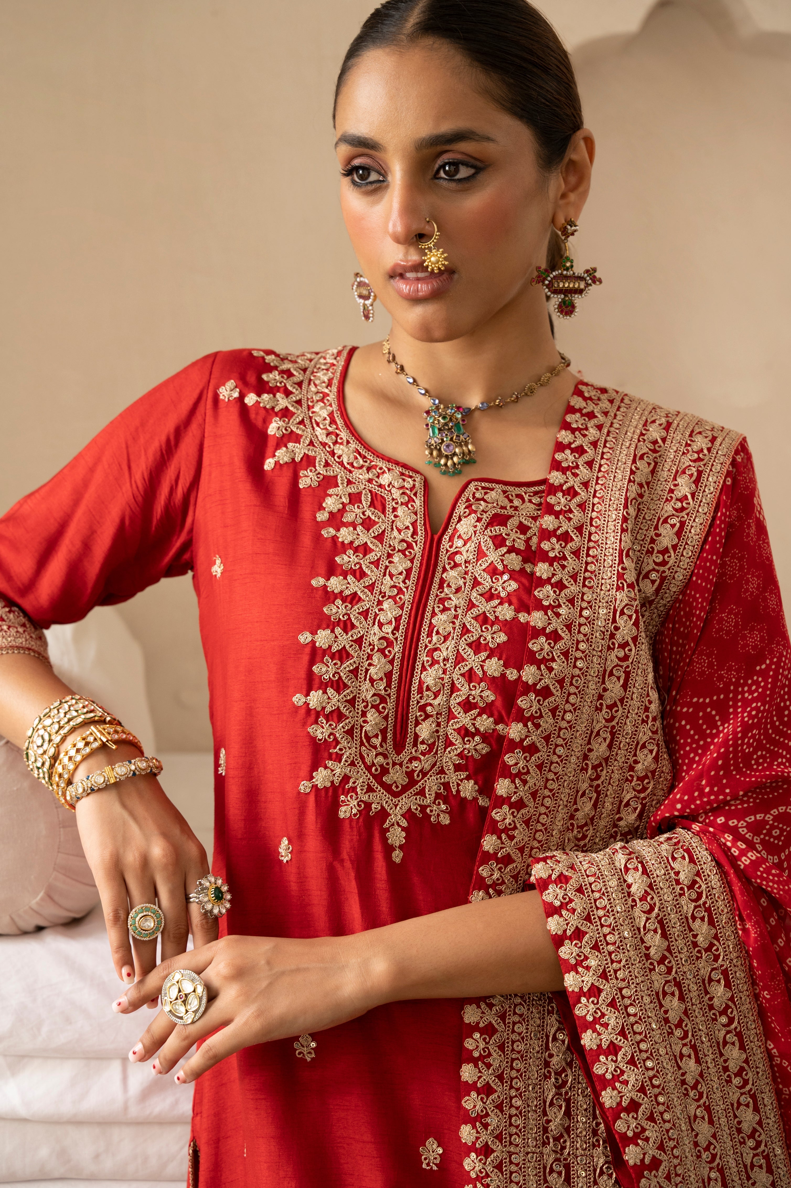 Red Pure Dola Silk Kurta Set With Bandhani Dupatta