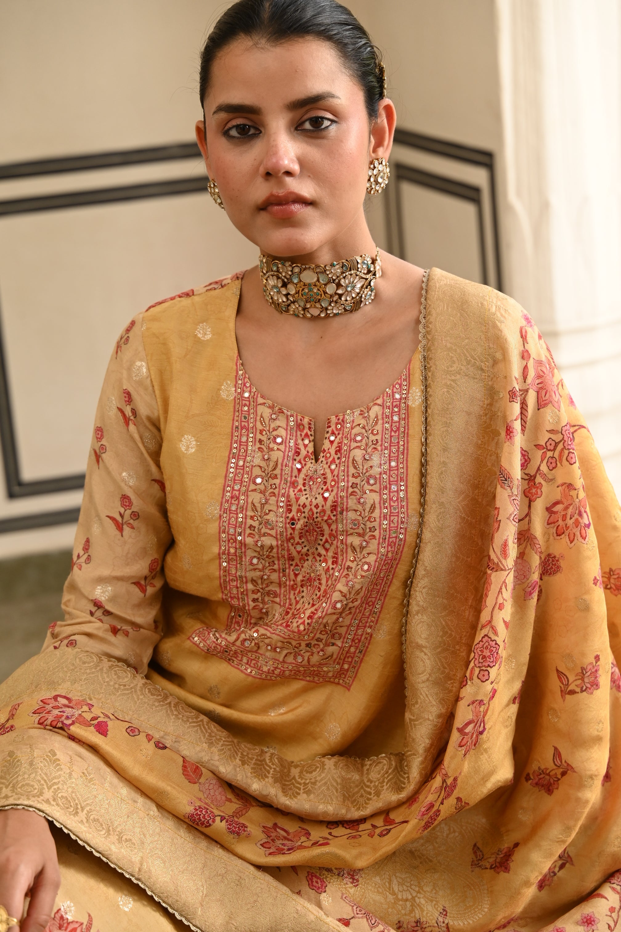 GOLDEN JACQUARD SILK KURTA SET