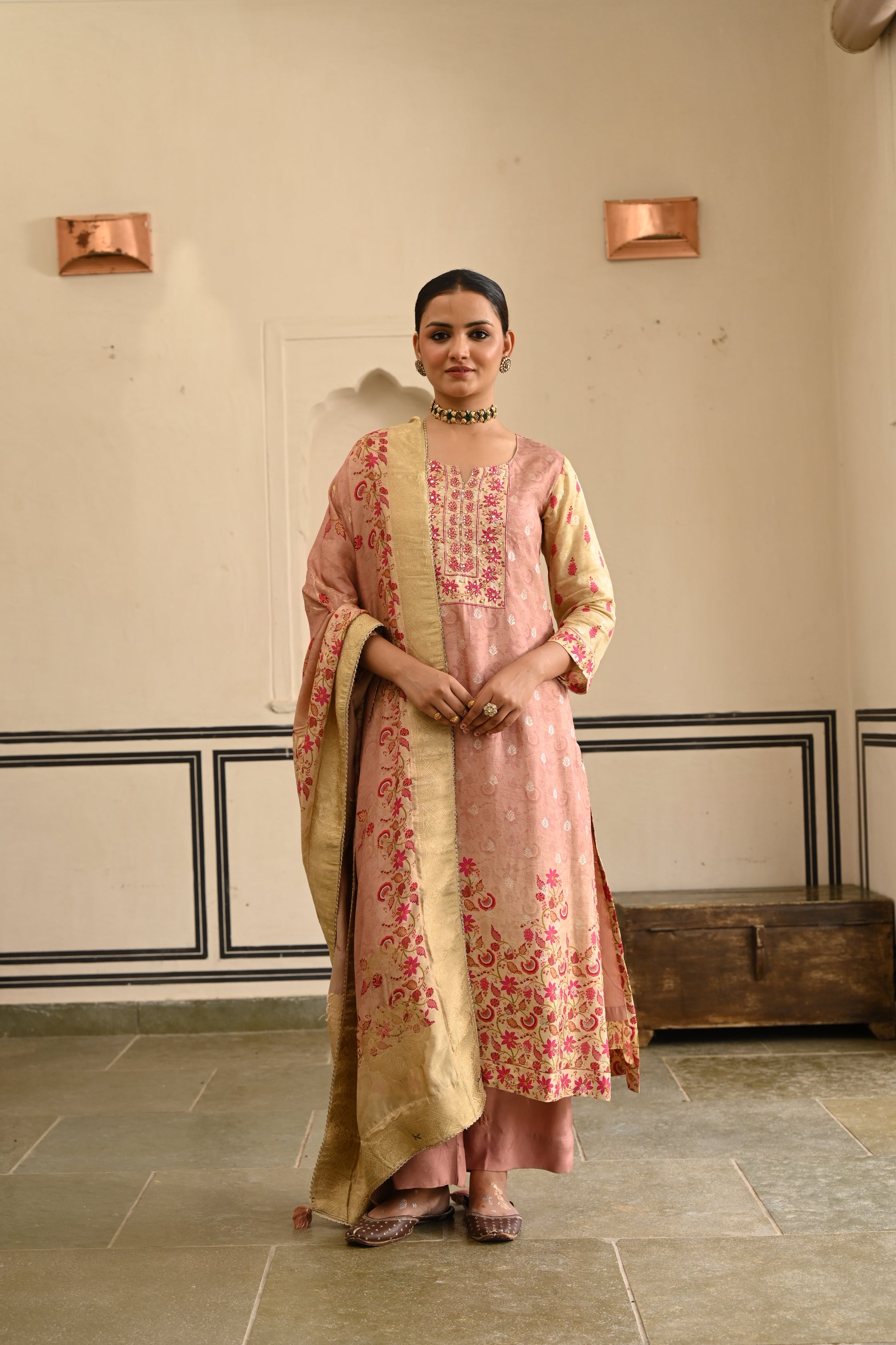 ONION PINK JACQUARD SILK KURTA SET