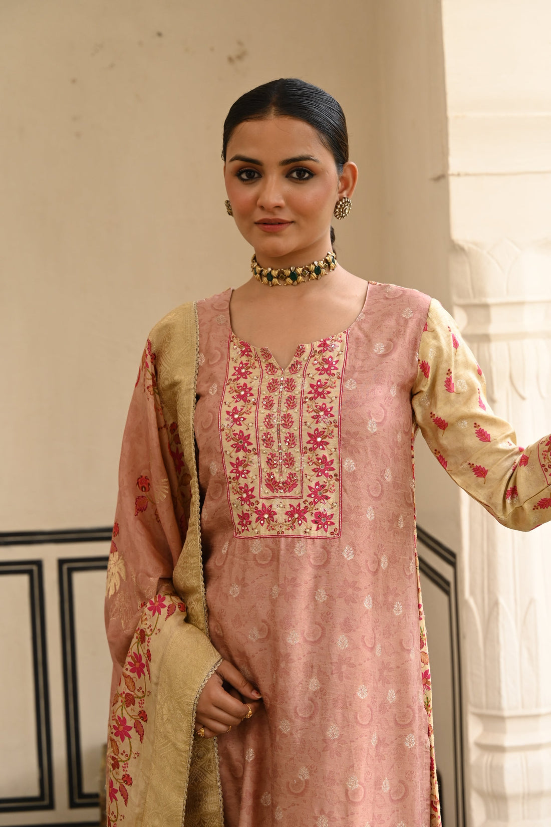 ONION PINK JACQUARD SILK KURTA SET