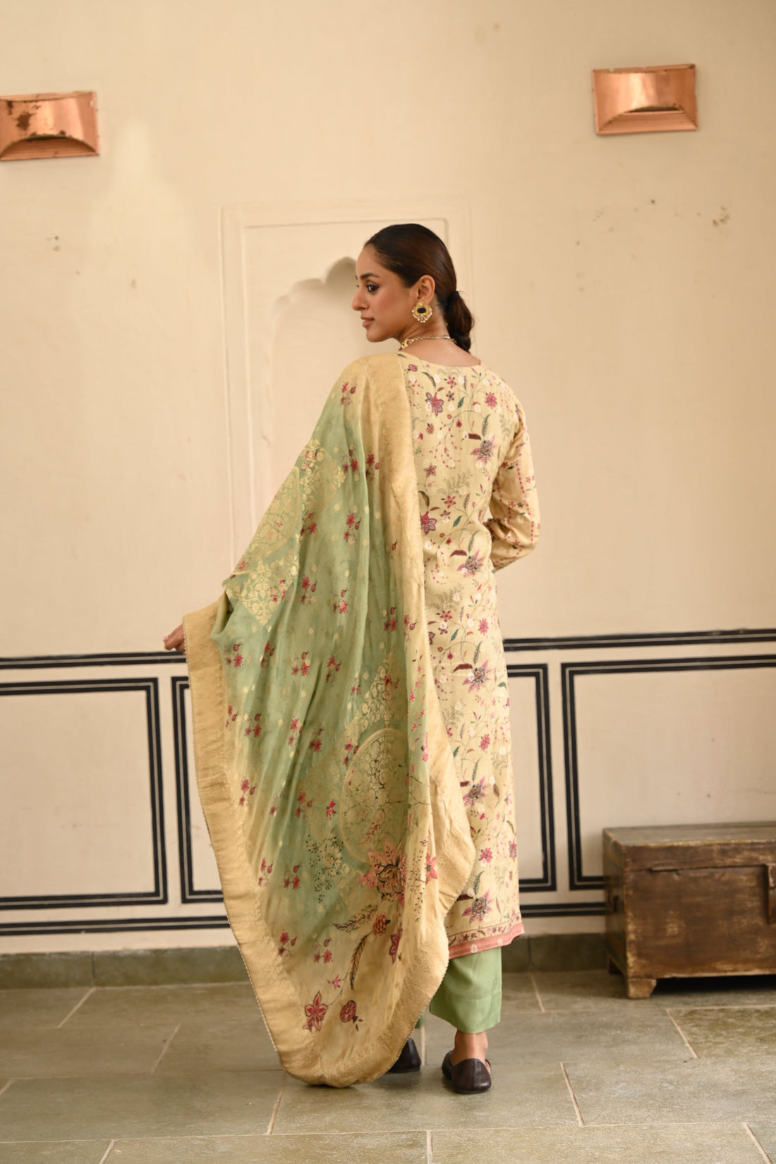 PISTA GREEN JACQUARD SILK KURTA SET