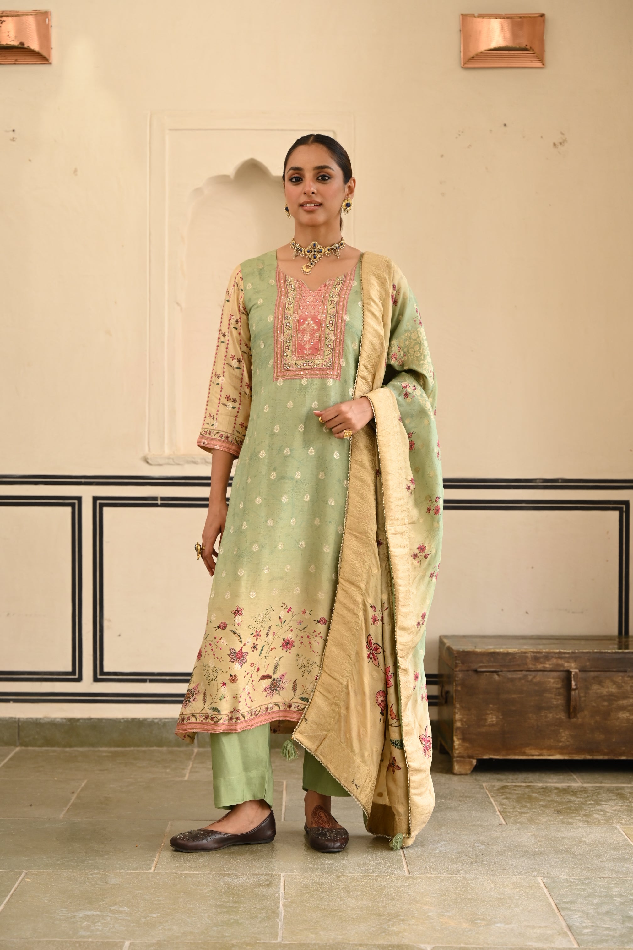 PISTA GREEN JACQUARD SILK KURTA SET