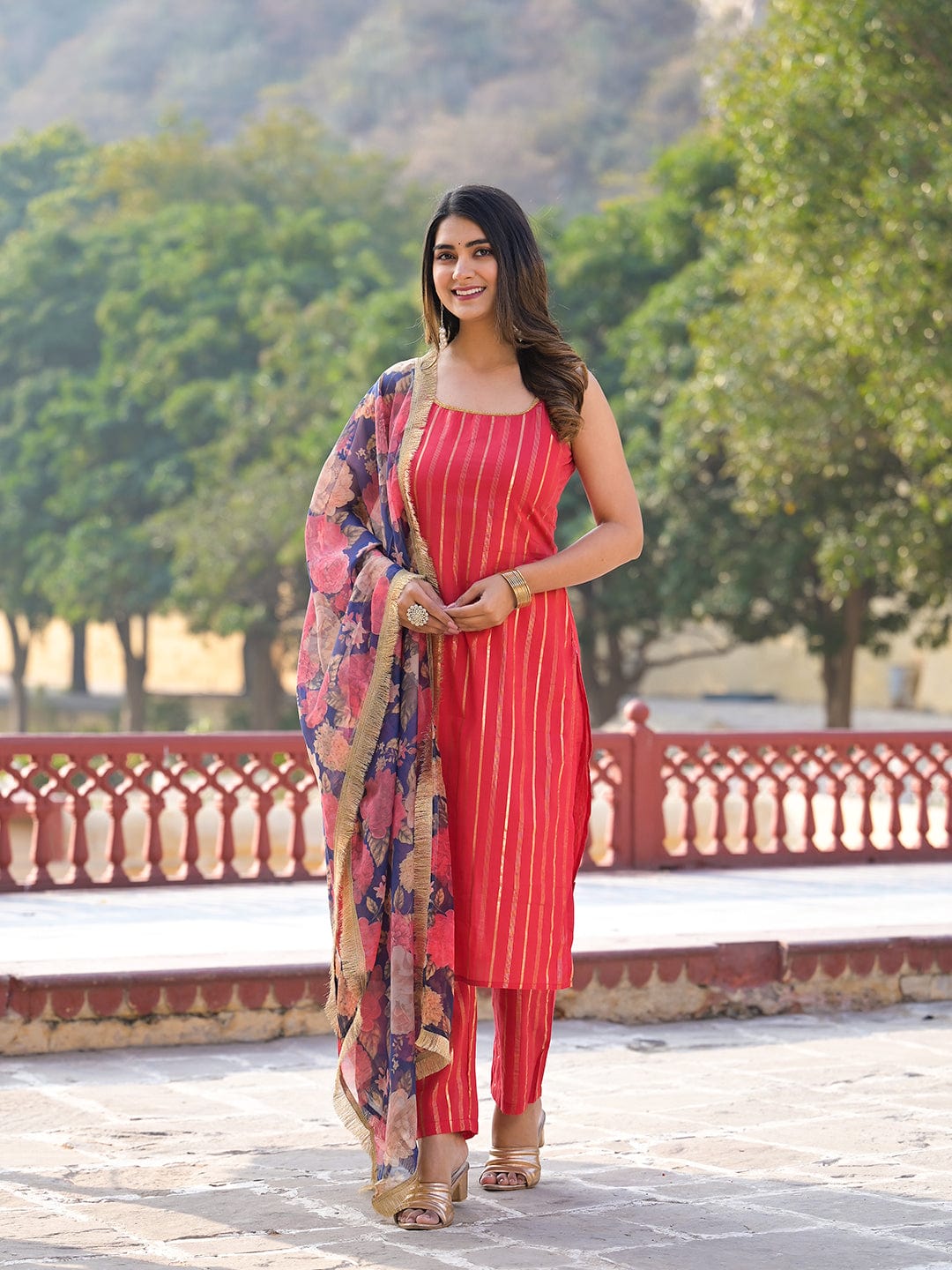 zeyvelle Women Women Pink Floral Printed Round Neck Gota Embellished Anarkali Kurta Paired With Tonal Bottom And Chiffon Solid Dupatta
