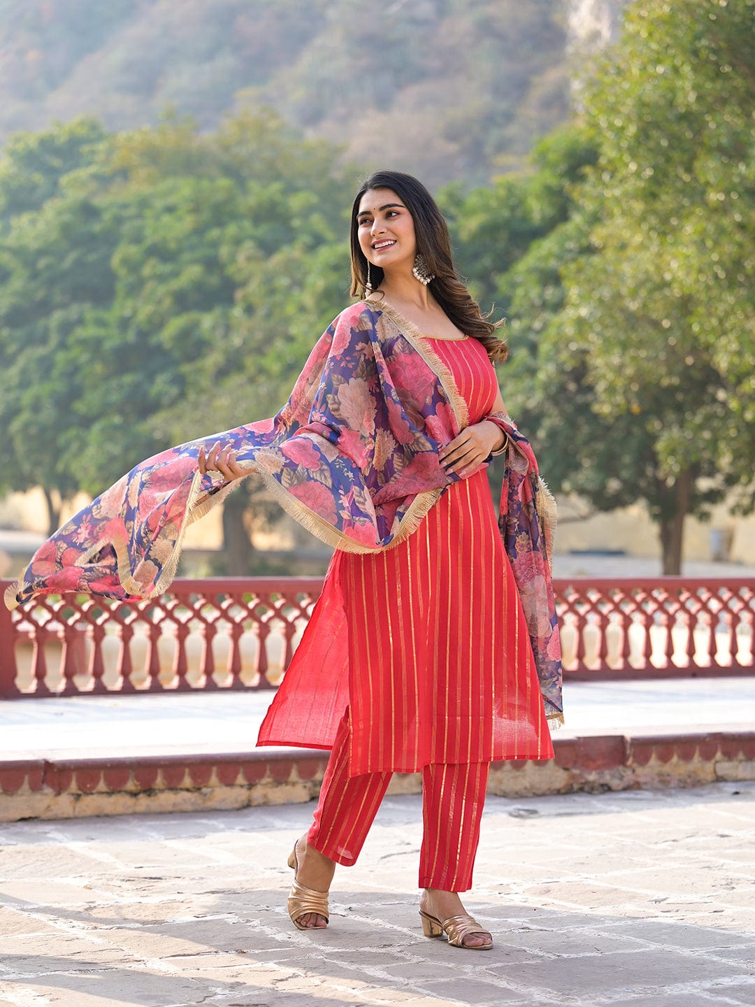 zeyvelle Women Women Pink Floral Printed Round Neck Gota Embellished Anarkali Kurta Paired With Tonal Bottom And Chiffon Solid Dupatta
