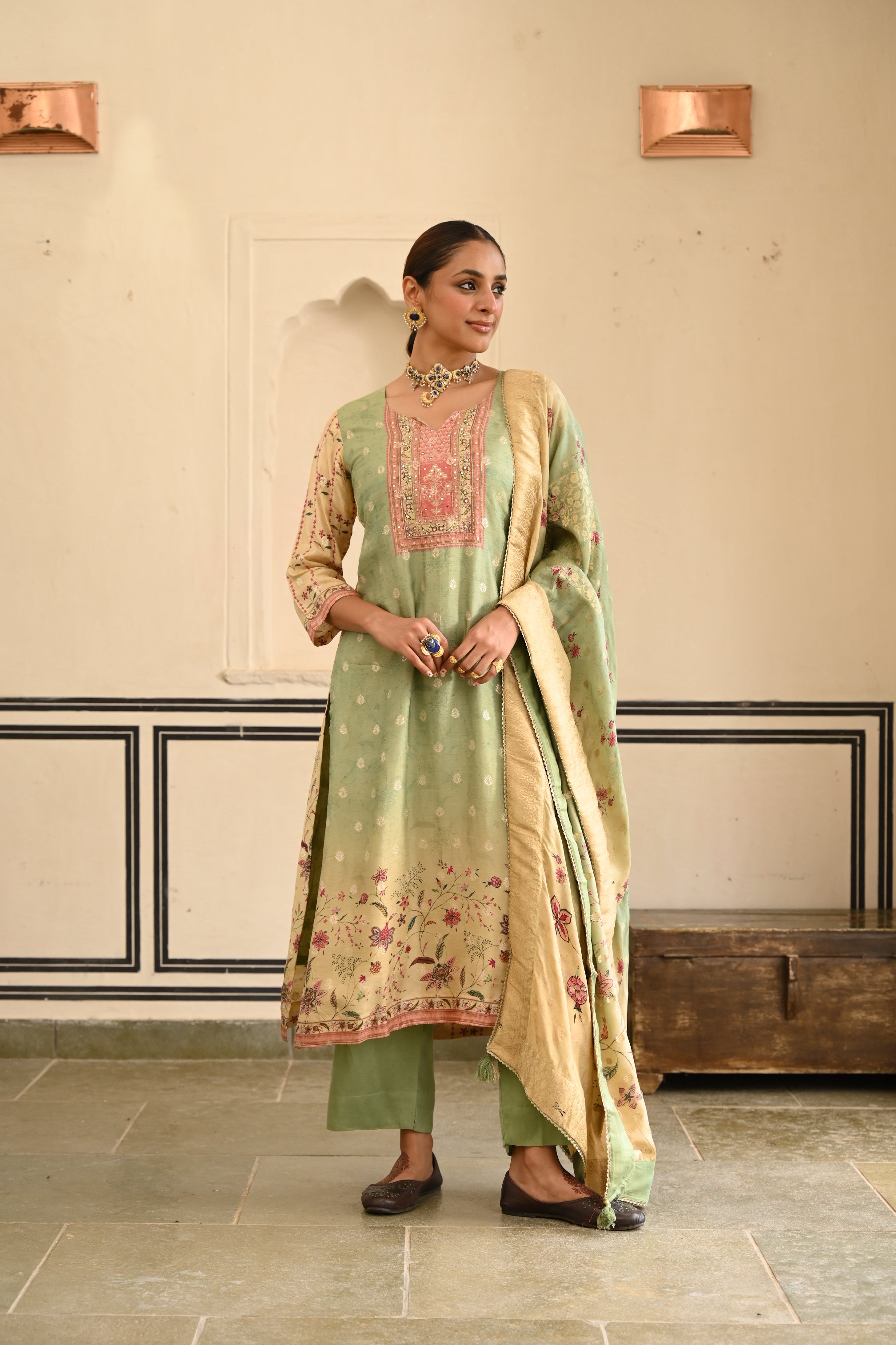 PISTA GREEN JACQUARD SILK KURTA SET