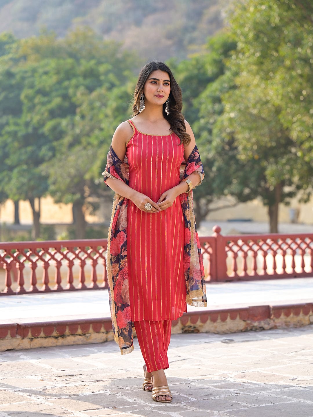 zeyvelle Women Women Pink Floral Printed Round Neck Gota Embellished Anarkali Kurta Paired With Tonal Bottom And Chiffon Solid Dupatta